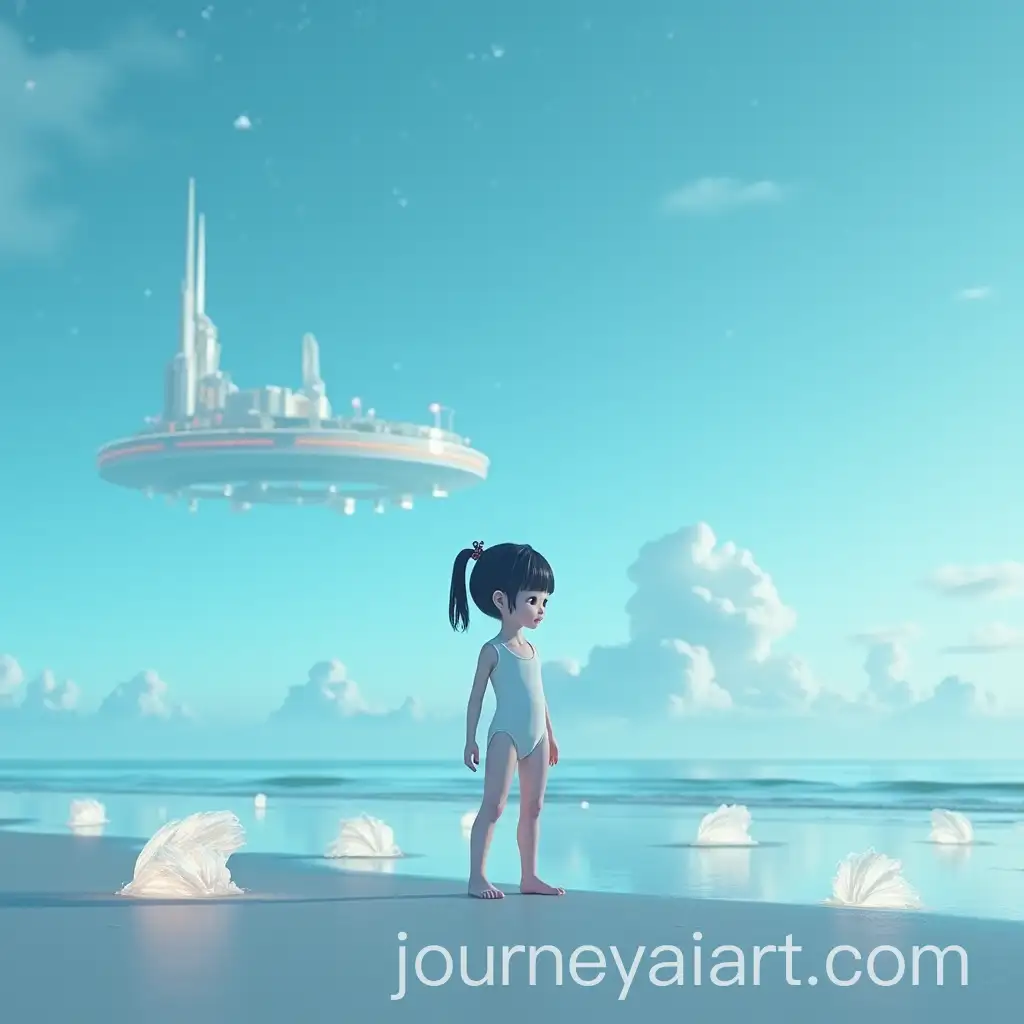 Futuristic-Asian-Girl-in-White-Bodysuit-on-Neon-Beach-with-Floating-City