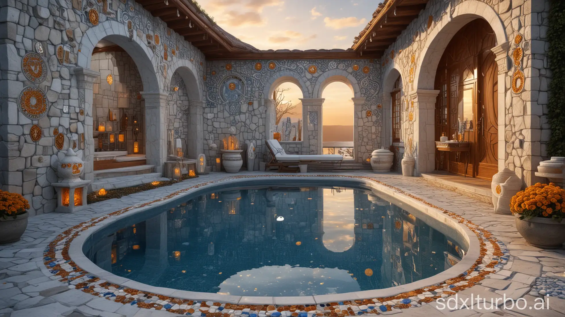 a magical atlantide ourdoor spa in nordic style, with adorned stone and amber sculptures, many magical signs on walls, crystals, cups, blue and white pool mosaic, sunset atmosphere, highly detailed