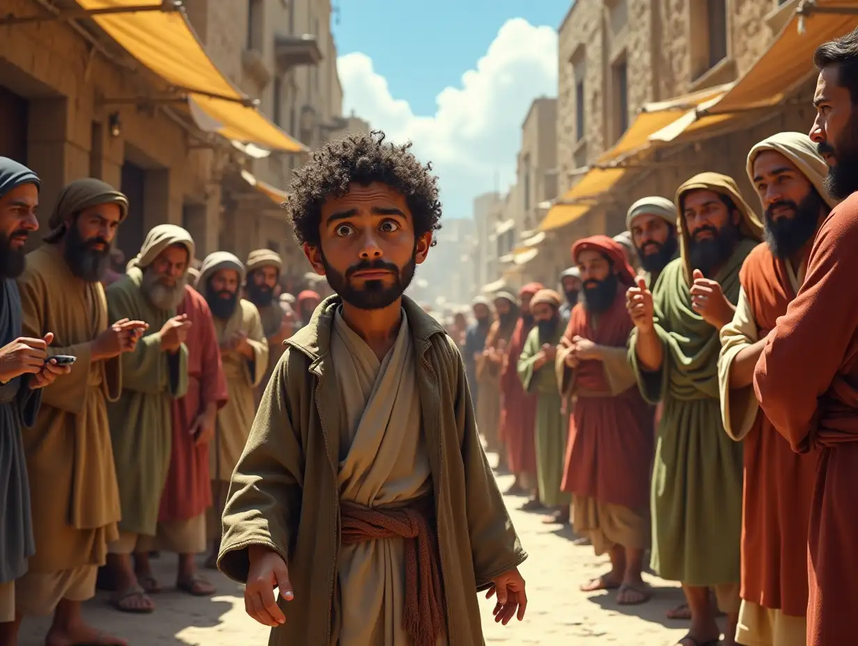 Zacchaeus, a short man with a somber expression, walking through the bustling streets of Jericho. He is dressed in formal attire, but his small stature makes him stand out among the crowd. The townspeople, some with scornful looks, glare at him with expressions of anger and disapproval. The scene shows a vibrant, ancient city with stone buildings, busy markets, and villagers whispering, clearly pointing fingers and judging Zacchaeus. The atmosphere is tense, highlighting his social isolation due to his role as a tax collector.