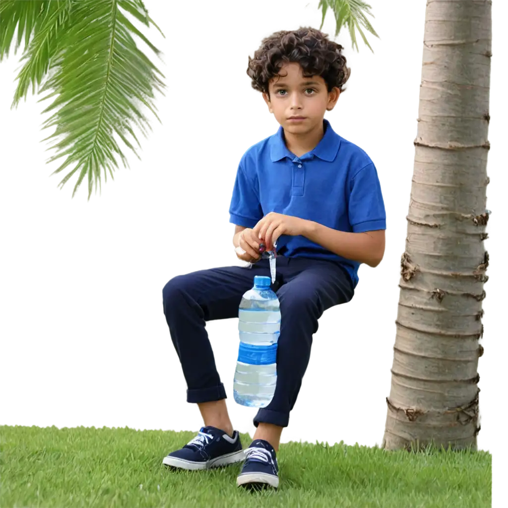 A school boy with water bottle sitting under palm tree