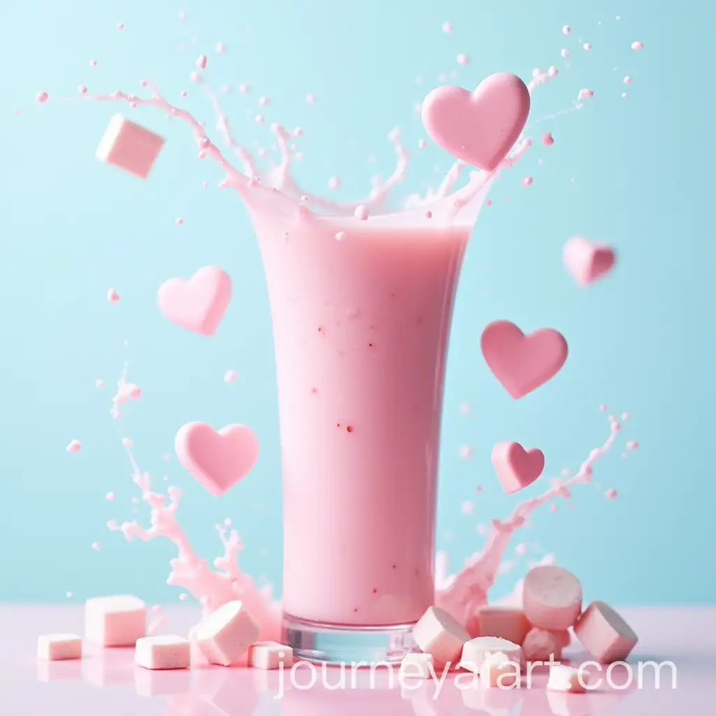 Creamy-Pink-Beverage-Surrounded-by-Water-SplashAI-Image-Prompt-Expansion-and-Floating-Hearts-and-Candies