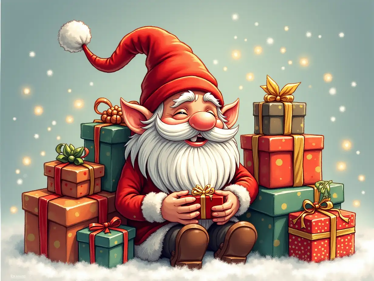 hand drawn art. A jolly Christmas gnome with a long, flowing beard and a mischievous grin, wearing a red hat and a cozy sweater. He is surrounded by a pile of brightly wrapped Christmas presents, with twinkling lights and festive decorations adding to the joyful atmosphere. The gnome is holding a small gift, with a hint of excitement in his eyes.