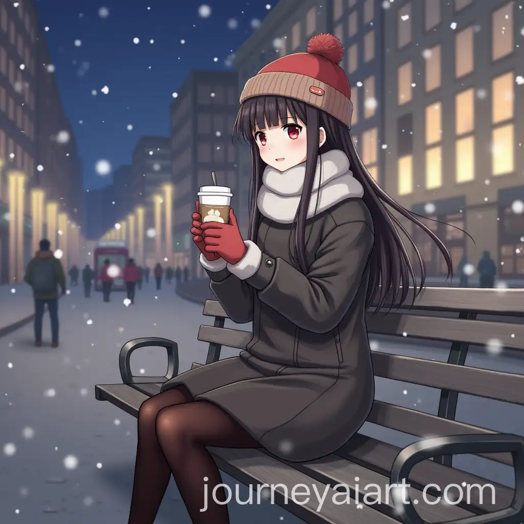 Young-Woman-in-Winter-Clothing-Enjoying-Coffee-on-a-Snowy-Night-in-a-European-City