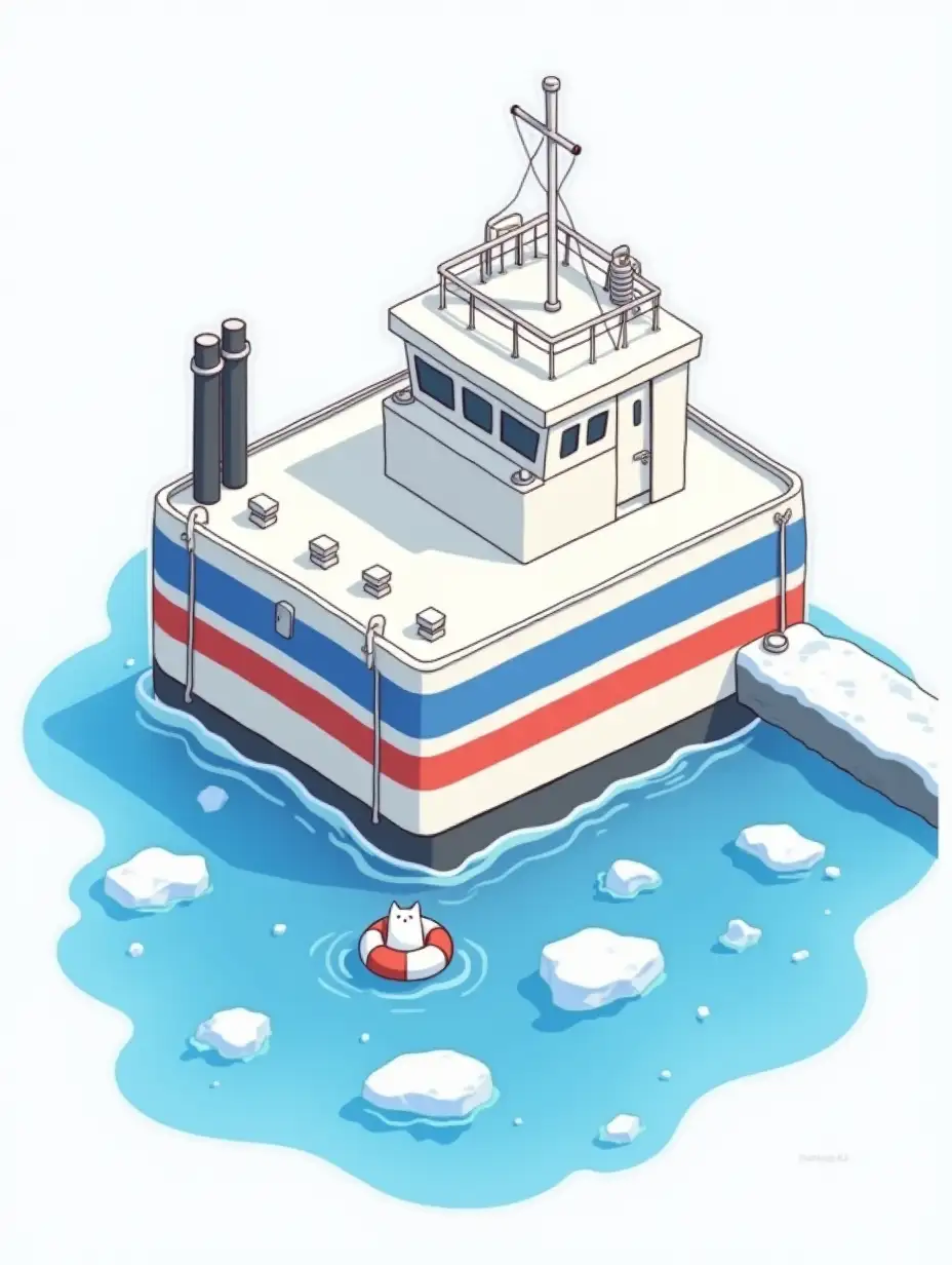 isometric vector sticker: moored to the berth of the North Sea with ice floes in the water is a huge strictly rectangular metal landing stage, similar to a huge marine container, painted white with two blue horizontal stripes and one red horizontal stripe. Small rectangular portholes are located between the stripes. above the main body, there is a white metal superstructure with stiffeners and two square black pipes in front. A small white cat swims nearby in the water in a lifebuoy Anime. Sticker design - top view, high resolution, vector graphics, white background, anime-style painting. vector on blank page. laminated paper sticker