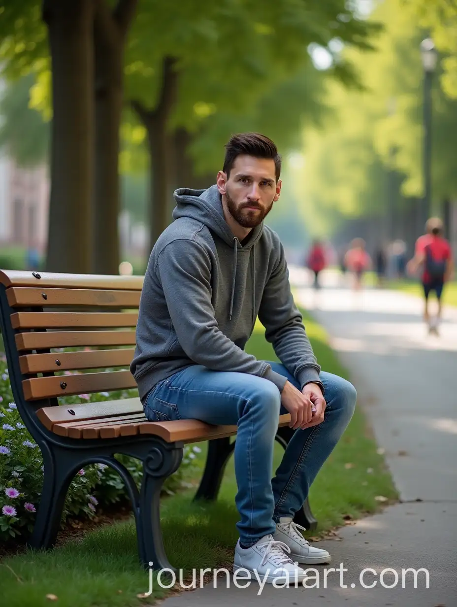 Casual-Man-Resembling-Lionel-Messi-Sitting-on-Park-Bench-in-Serene-Urban-Park