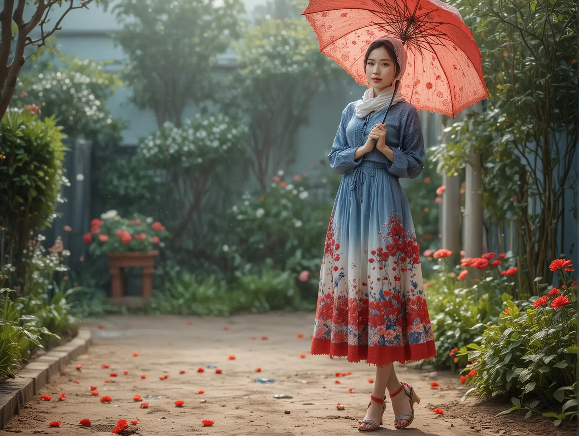 Korean-Thai-Girl-in-Blue-Gradient-Dress-with-Hijab-in-Flower-Garden-on-Cloudy-Day