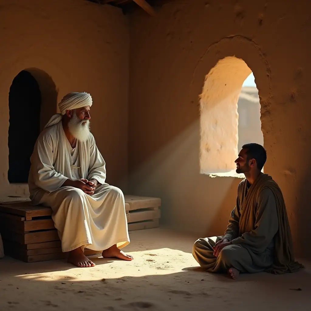 A serene village setting with a wise, elderly dervish sitting on a simple wooden platform inside a rustic clay-walled house, wearing a white robe and turban. In front of him, a curious man in traditional attire sits respectfully on the ground, asking a profound question. The man’s expression shows curiosity, while the dervish listens intently, with a calm and composed demeanor. Soft sunlight filters through a small window, creating a warm, peaceful atmosphere.