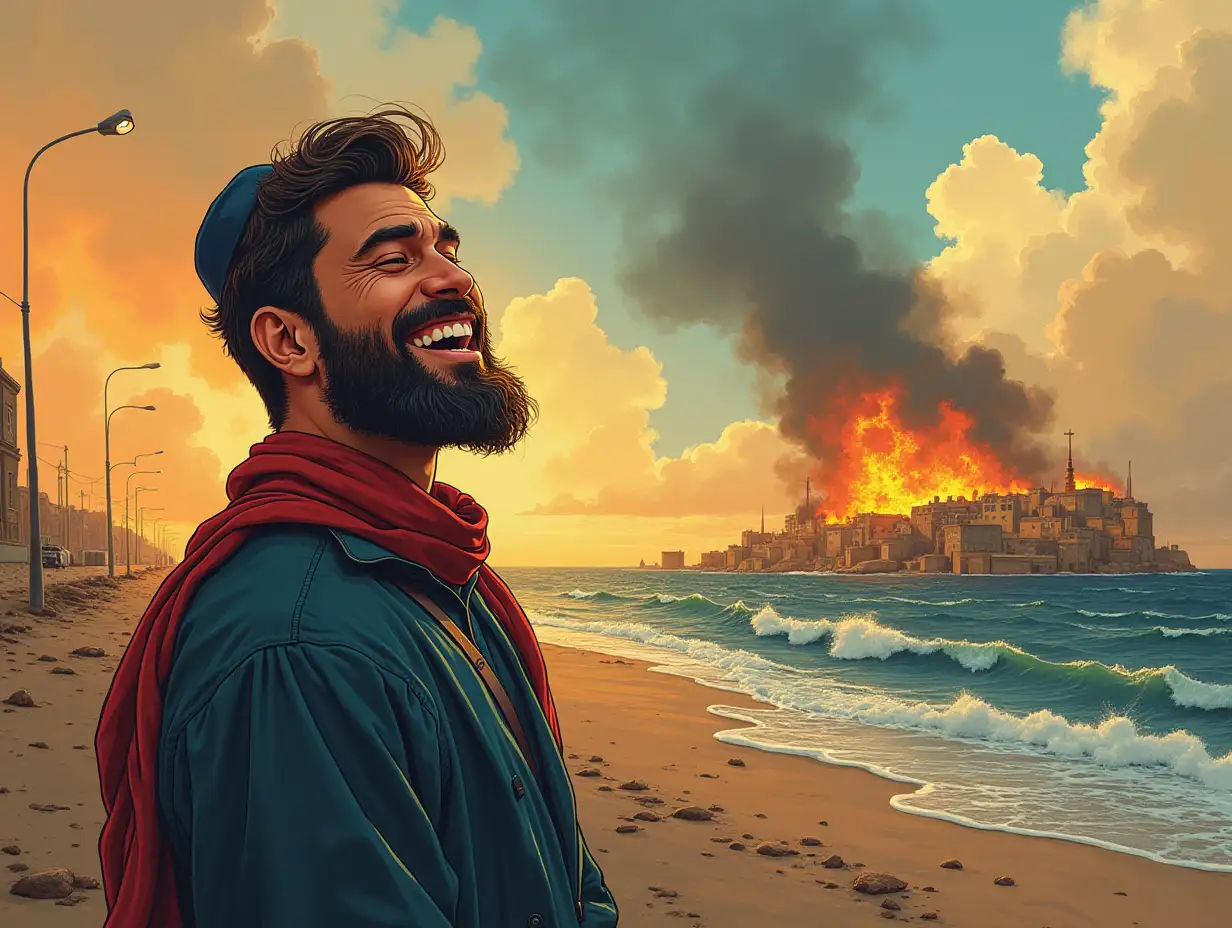 An illustration showing a Jew smiling peacefully despite the calamity.