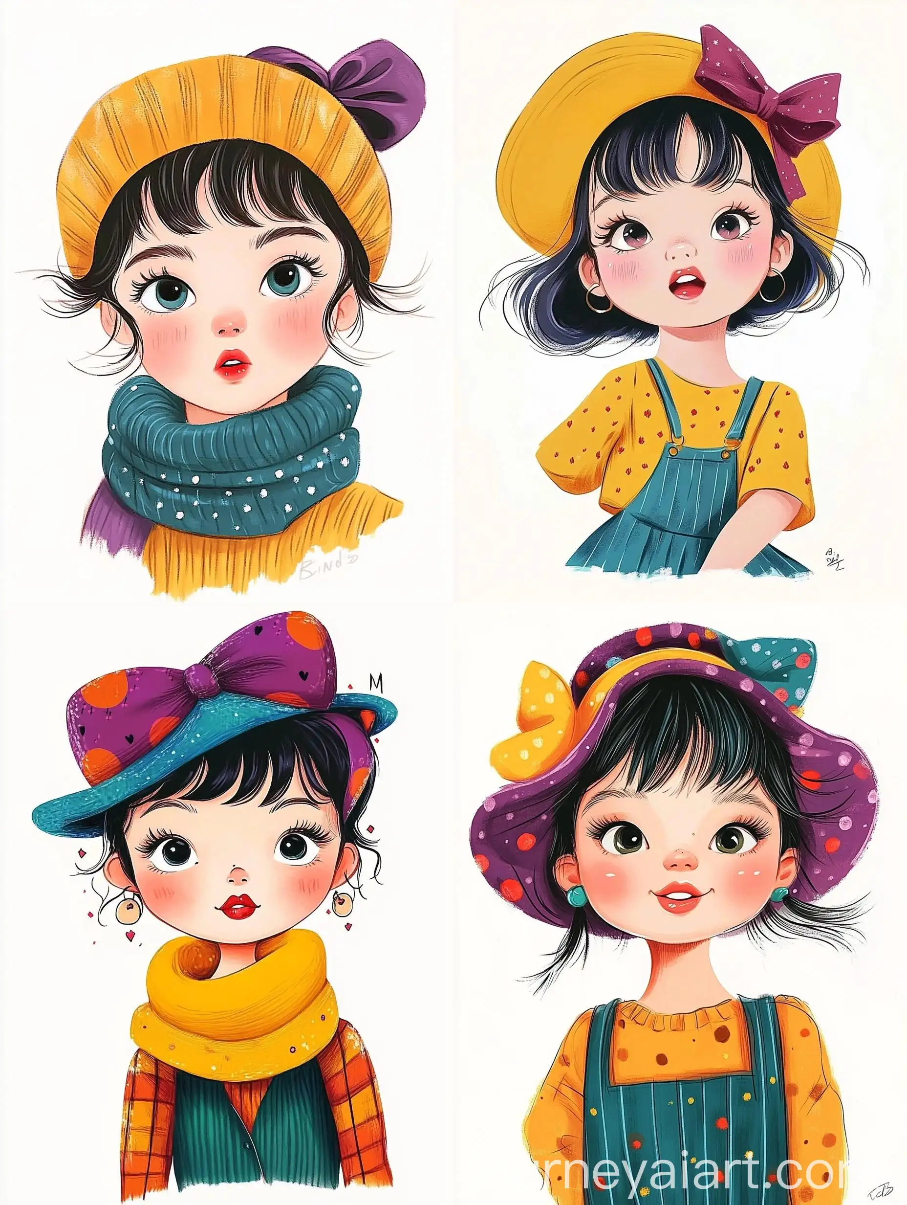 Cute-5YearOld-Girl-in-Colorful-Outfits-and-Hats-for-a-Joyful-2D-Art
