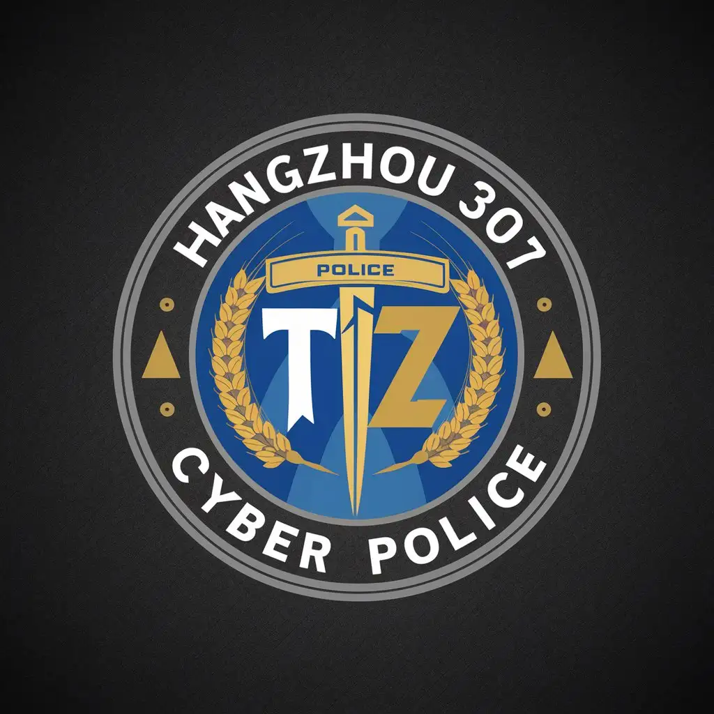 LOGO-Design-For-Hangzhou-307-Cyber-Police-Round-Shape-with-Wheat-Sheaves-Golden-Police-Badge-and-West-Lake-Elements-on-BlueGray-Background