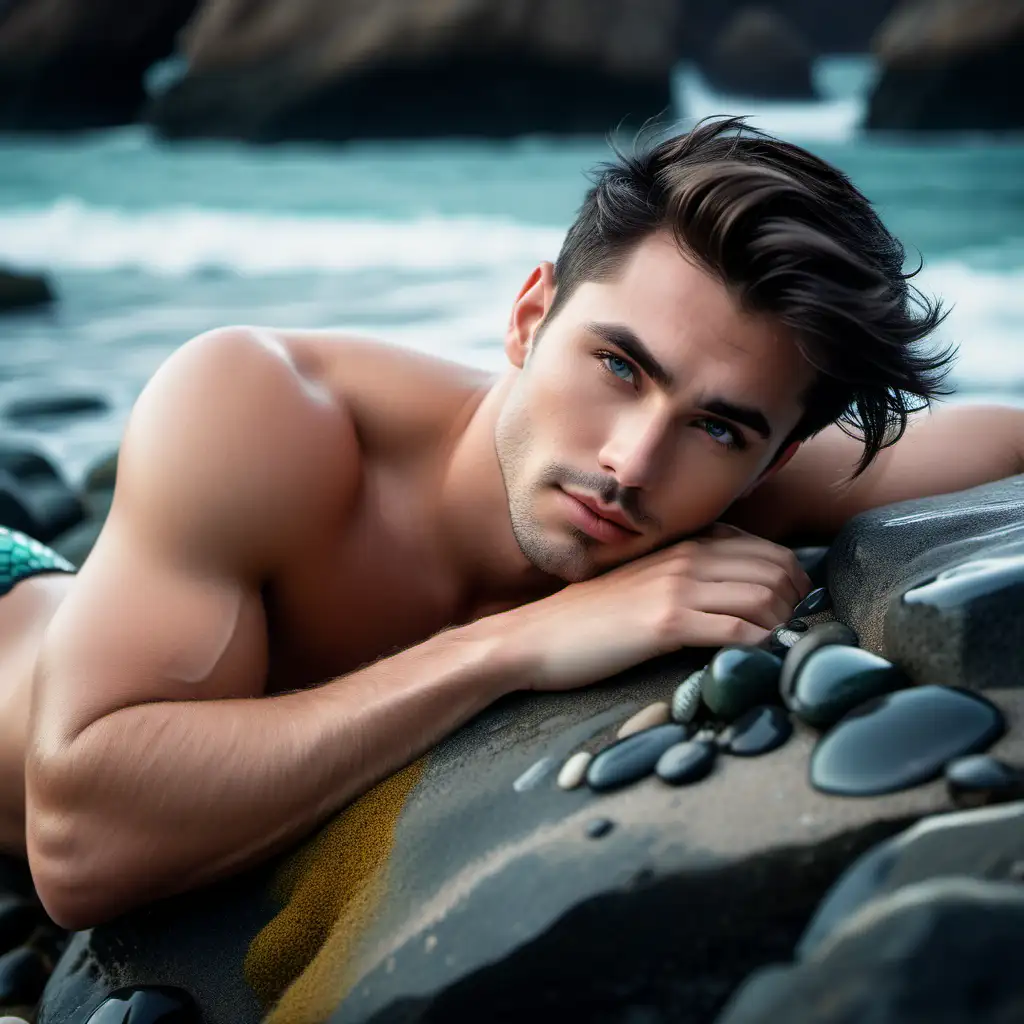 Sad-Mermaid-Lying-on-Beach-Rock-with-Enchanting-Eyes