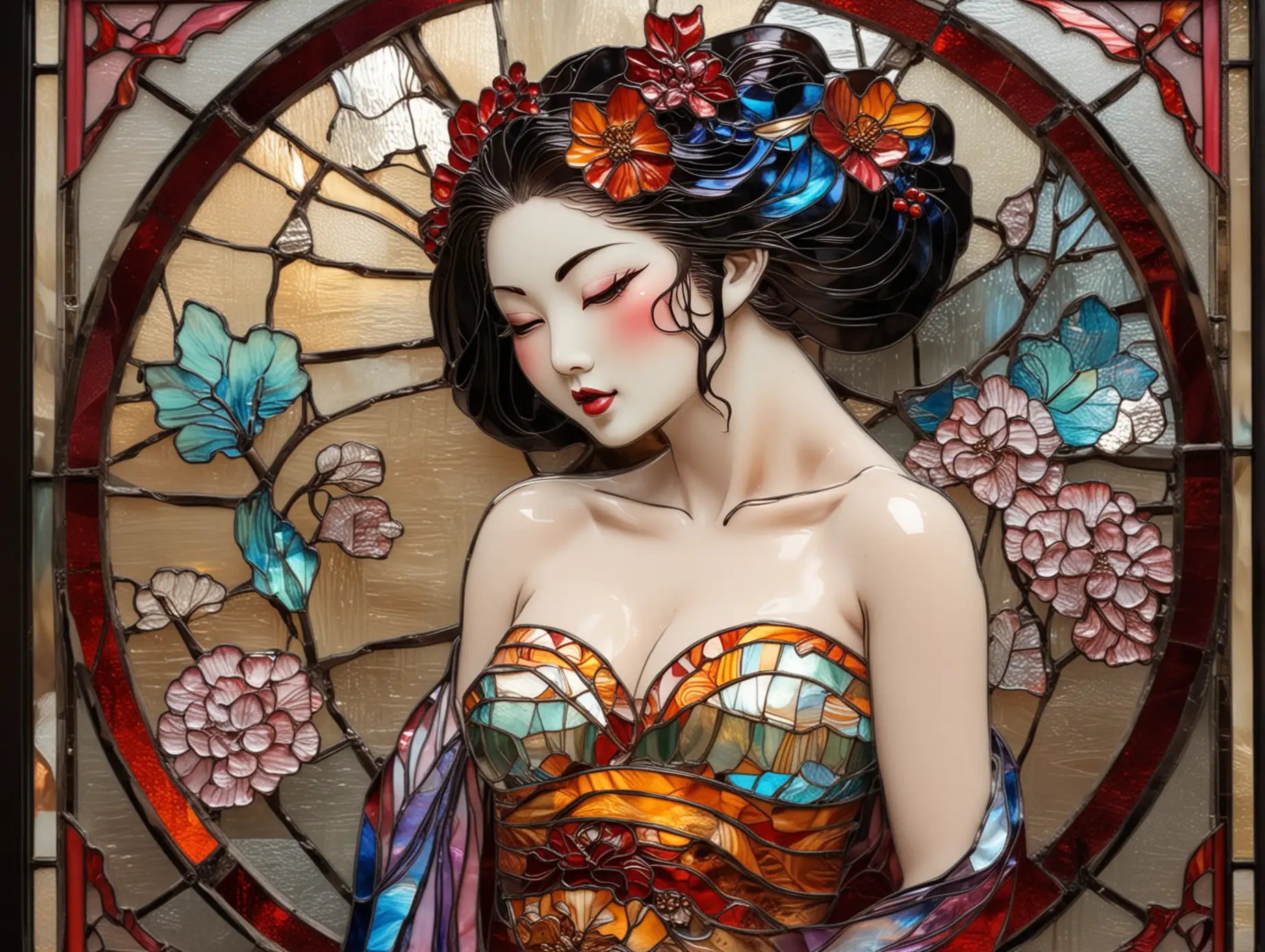 Iridescent-Stained-Glass-Art-of-a-Beautiful-Nude-Geisha