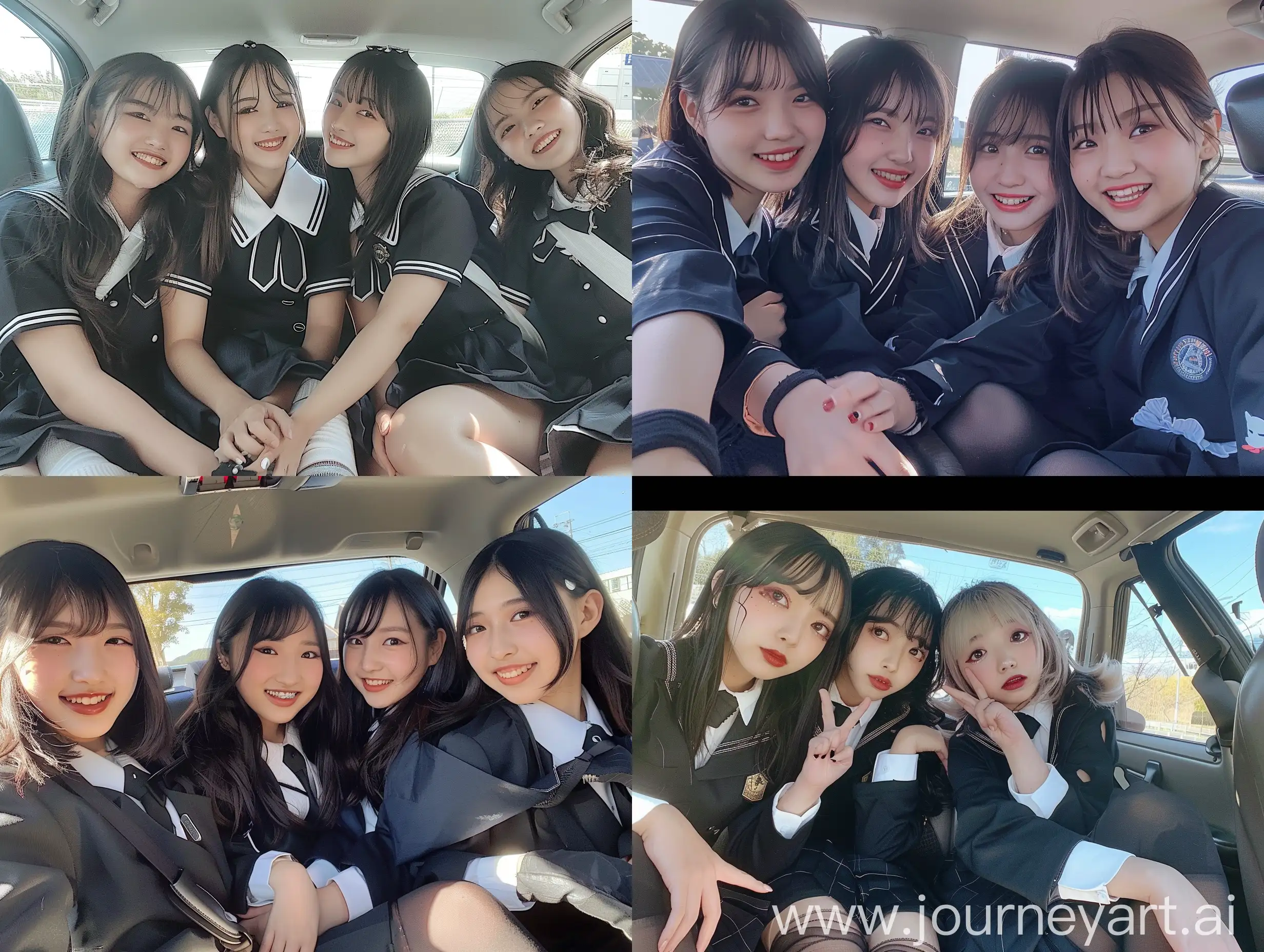 Four-Girls-in-Black-School-Uniforms-Taking-Natural-iPhone-Selfies-in-Car