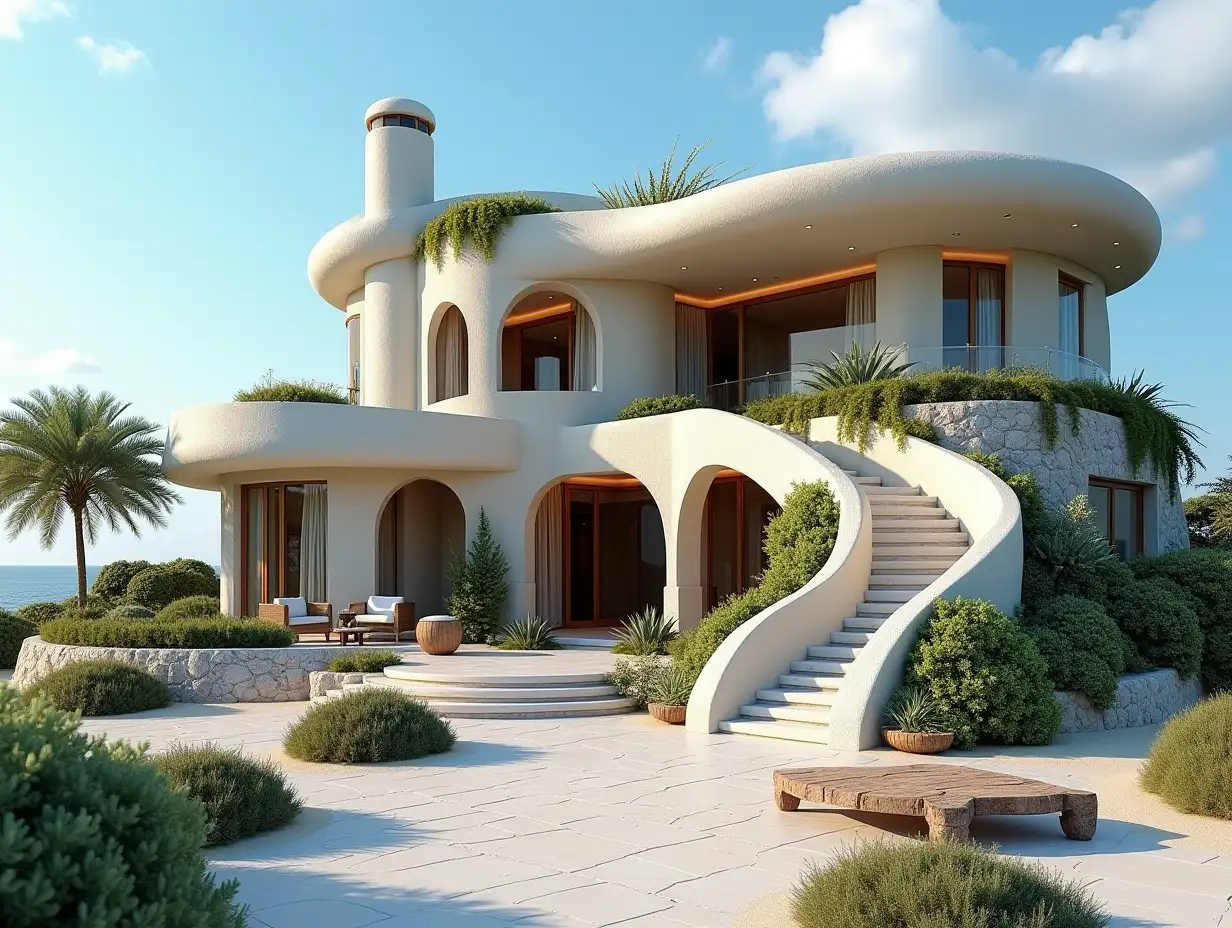 Crooked house with side line to the beach  Planting-with stucco in the form of plant decoration, large windows with glass closed, curved, smooth window shapes, winding big entrance staircase from marble complex, curved roof with dike, lanterns, bench on the beach with  lending view to the sea 4K resolution colorful wide-angle shots