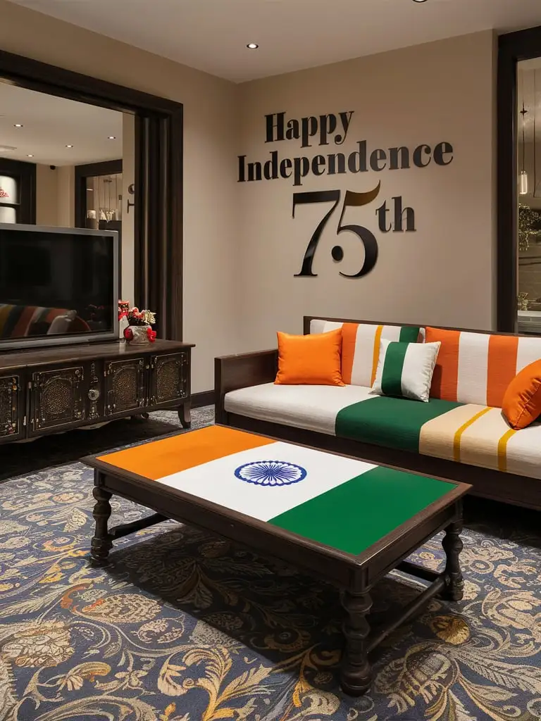 A perfect living area where a table and sofa is placed on a gray carpet and tv is placed on a stand beautifully designed, the sofa should have indian flag colour and indian flag should be there on table and over all theme should be grey and Happy Independence 75th should be written on the wall and this wish is from grayspace Interiors