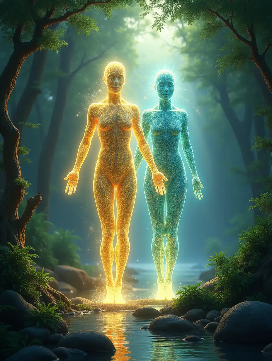 Create an image of healing energy. depict the body as a flowing energy form. The surroundings are a serene lush natural environment. Male and female. In the background are ancestral souls present for support and guidance