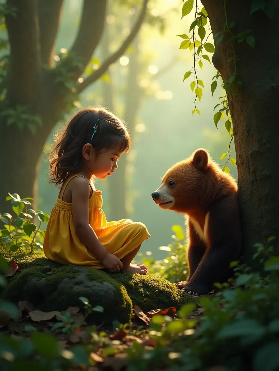 A shy 2-year-old girl in a yellow sundress sits on a moss-covered rock in the heart of a lush jungle. A sun bear, with its unique crescent-shaped chest patch, peeks out from behind a nearby tree, its small eyes curious but gentle. Vines hang overhead, and sunlight filters through the dense canopy, creating a tranquil yet enchanting setting. Hyper-realistic and cinematic, emphasizing the initial moment of trust.