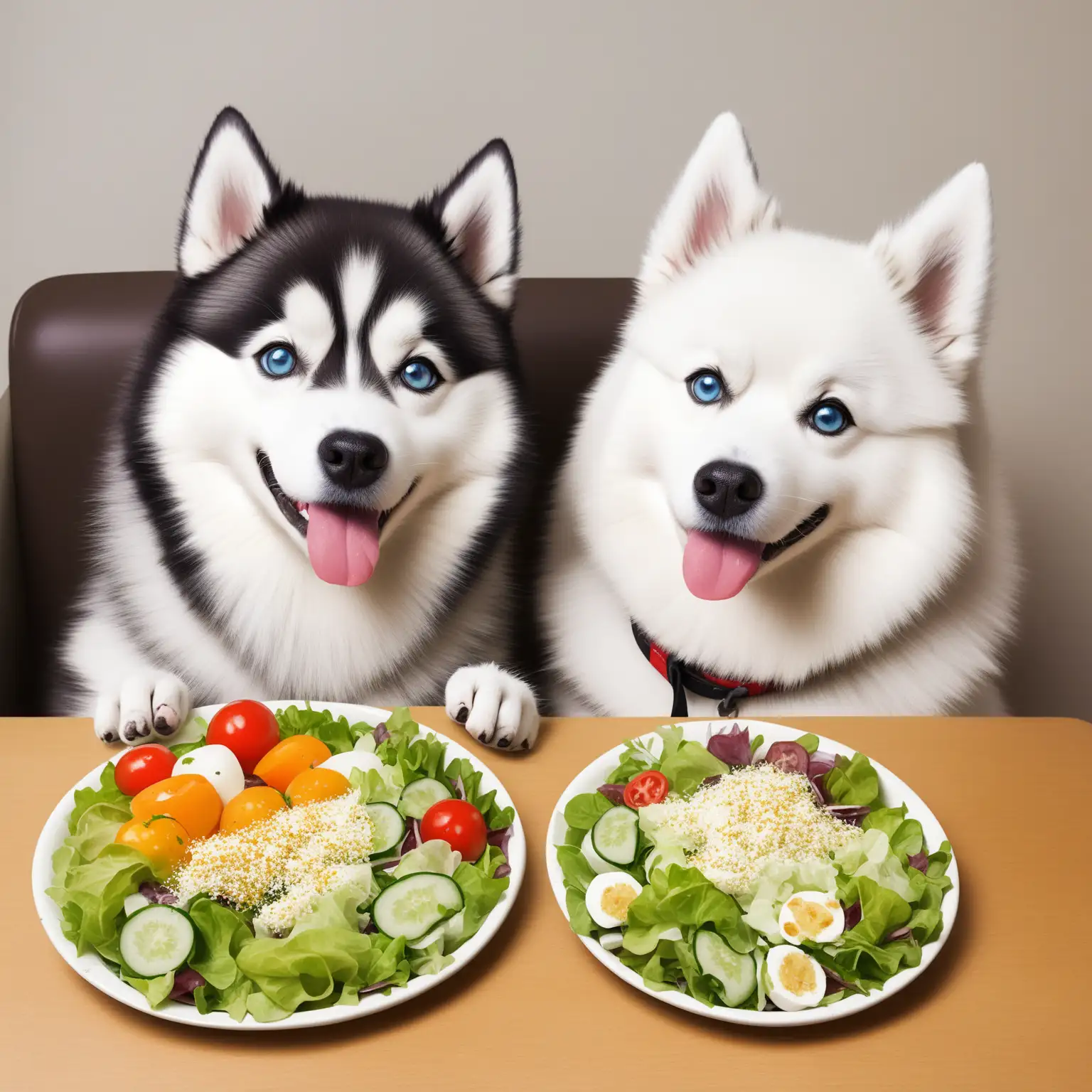 Help me draw a Photoshoot Of a husky and a Japanese Spitz sitting together happily eating salad