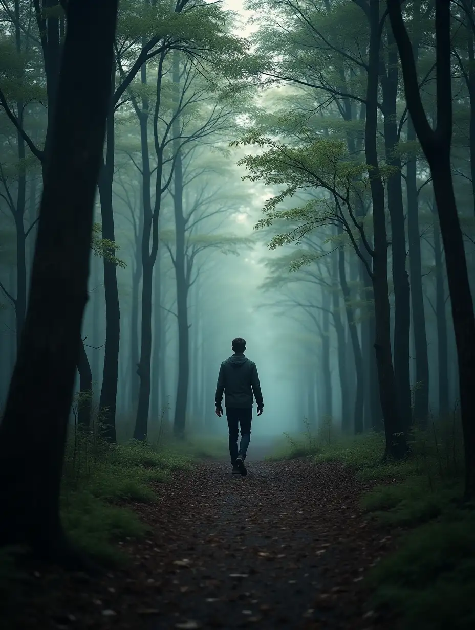 A man walking towards on a deep forest