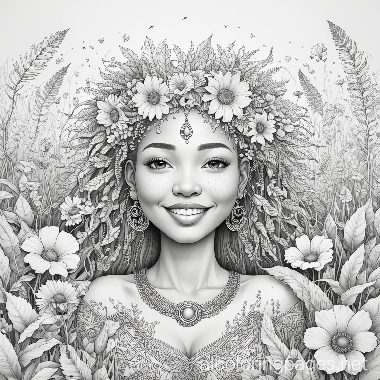 Smiling African earth goddess surrounded by flower petals and grass, Coloring Page, black and white, line art, white background, Simplicity, Ample White Space. The background of the coloring page is plain white to make it easy for young children to color within the lines. The outlines of all the subjects are easy to distinguish, making it simple for kids to color without too much difficulty