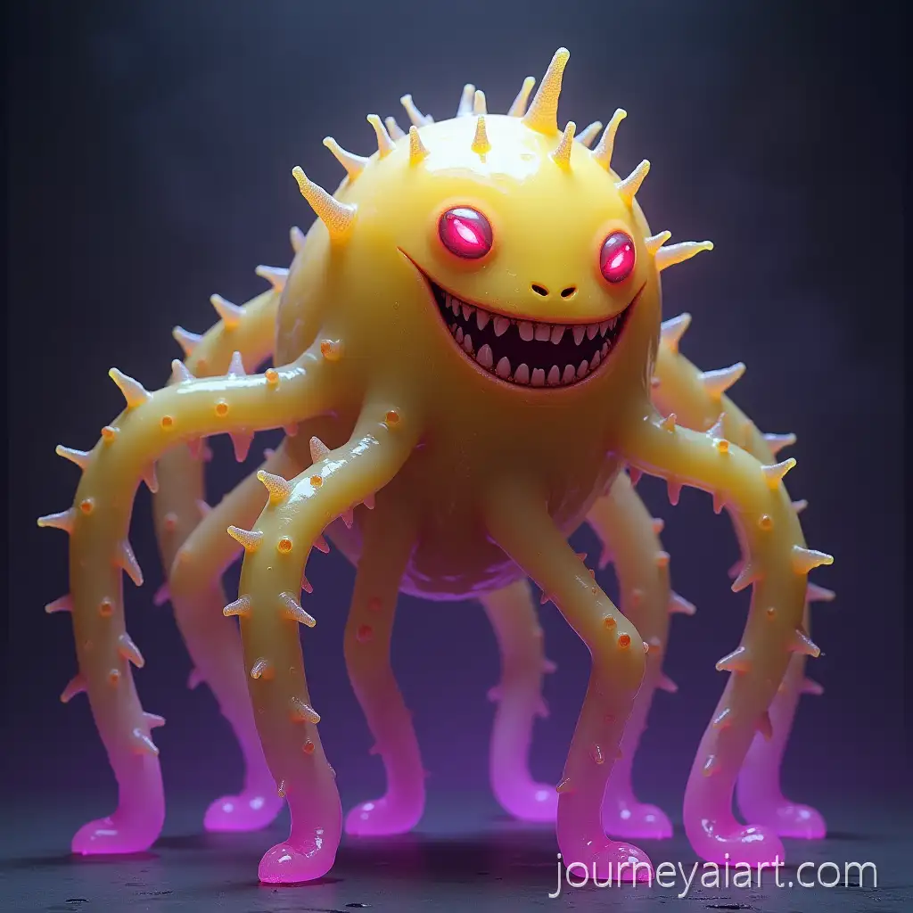 The-Grinning-StranglerAI-Image-Prompt-Expansion-A-Yellow-JellyLike-Creature-with-Multiple-Arms-and-Red-Eyes