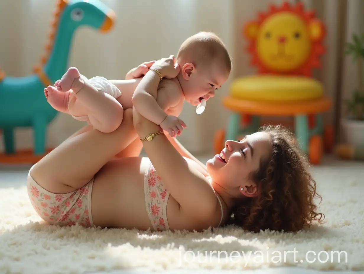 Persian-Mother-Playfully-Holding-Crying-Baby-in-Nursery-with-Colorful-Toys