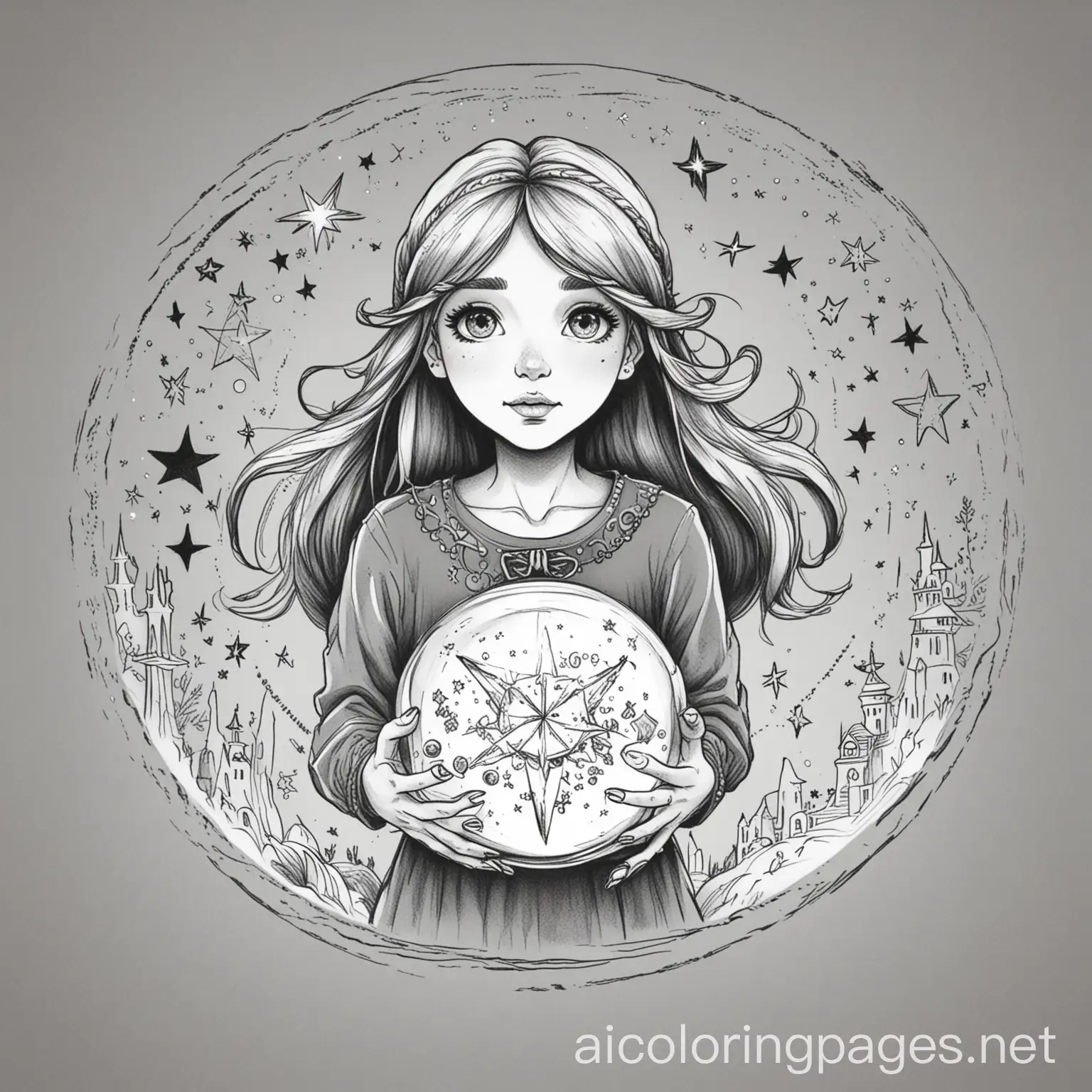 Witch-with-Crystal-Ball-Coloring-Page-Magical-Line-Art