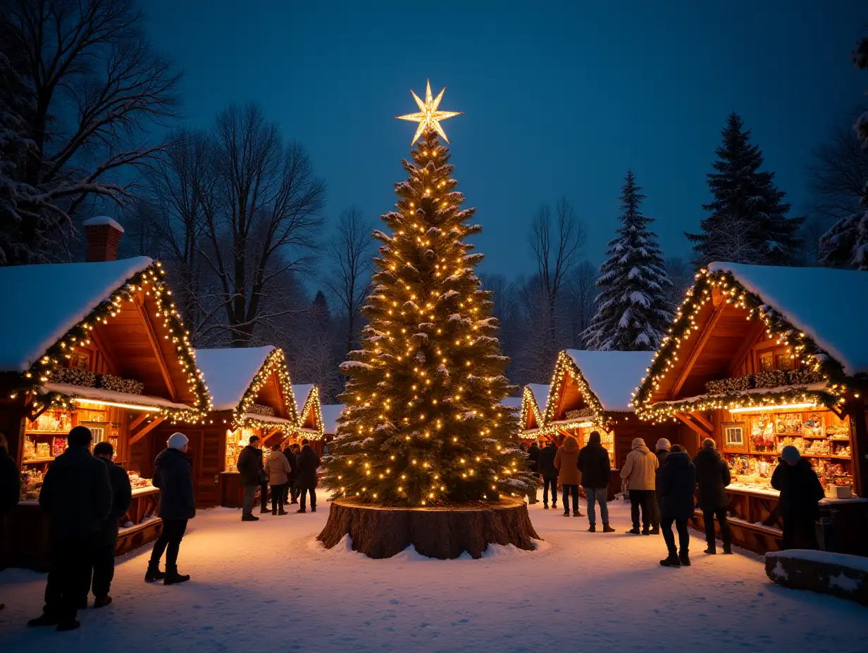 CI Fantasy Christmas market with illuminated Christmas tree at a Christmas market with houses and many people tree stump in 4k