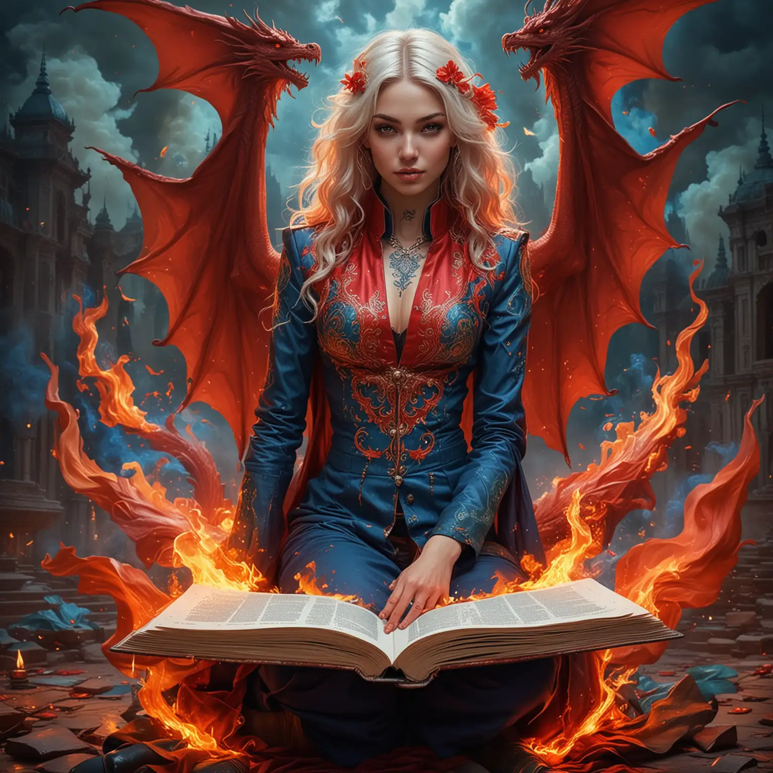 Adolescent Goddess Sorceress Surrounded by Fire and Dragons