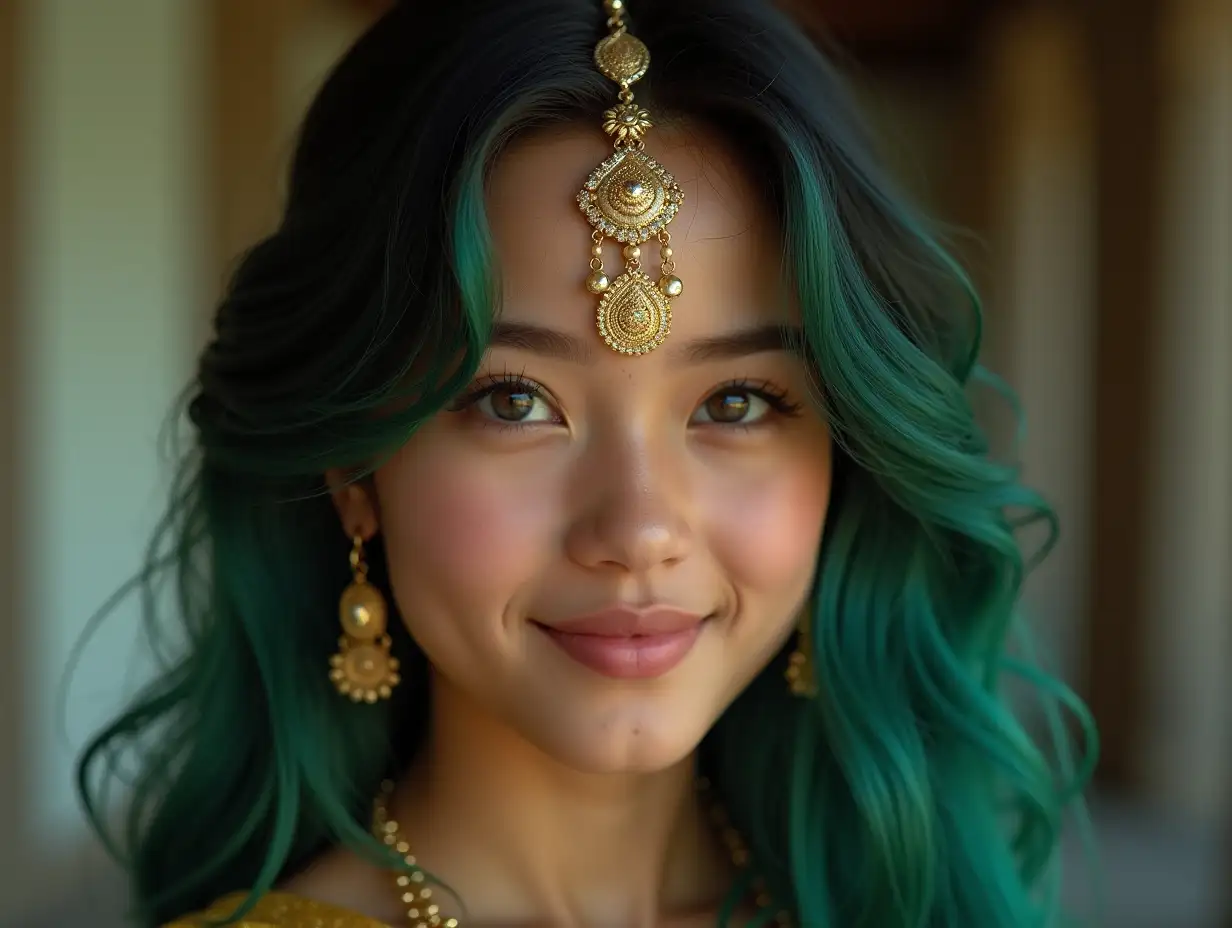 Young black white patternnGirl with very beautiful face,withngreen hair, with a lightnsmile on her face,emphasizesher smile, modern retronjewelry,in a temple much goldndifferent shades 4knquality