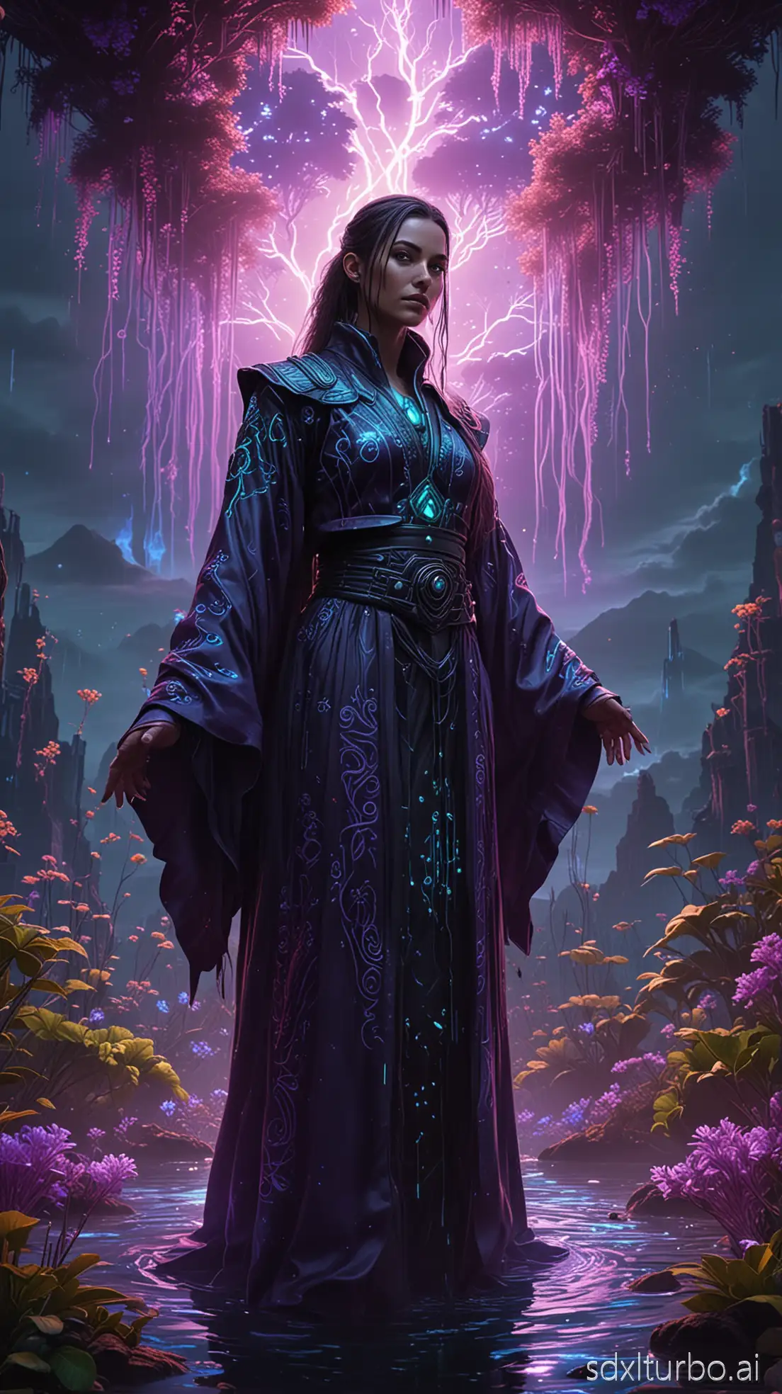 A hyperrealistic portrait of a cyberpunk mage standing on a floating island covered with glowing bioluminescent plants, casting ancient magical runes that float in midair. The mage wears futuristic neon-trimmed robes with intricate circuit-like embroidery, blending traditional and cyberpunk aesthetics. Electric storm clouds roll in the background, illuminating the scene with dramatic chiaroscuro lighting. The atmosphere is mystical and intense, with vibrant blues, purples, and neon greens dominating the color palette. Detailed textures on skin, robes, and plants, ultra-sharp focus, 8K resolution, cinematic composition, captured with a 50mm lens, shallow depth of field, digital painting style mixing realism and fantasy.