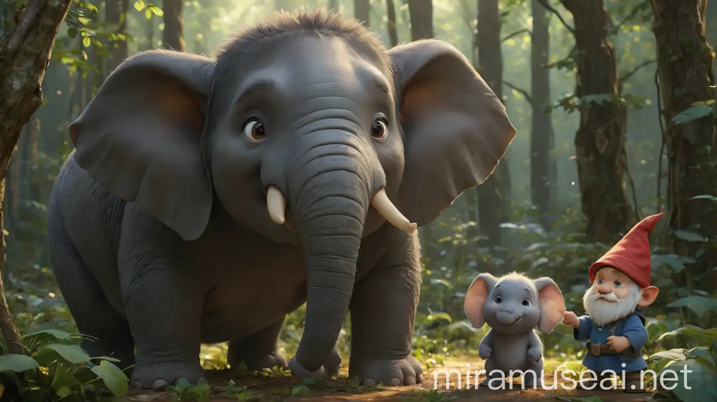 Gnome Confronts Cute Baby Elephant in Enchanted Forest