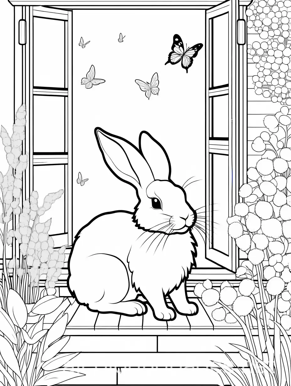 Fluffy-Rabbit-in-Garden-Hutch-with-Fresh-Vegetables-and-Butterflies