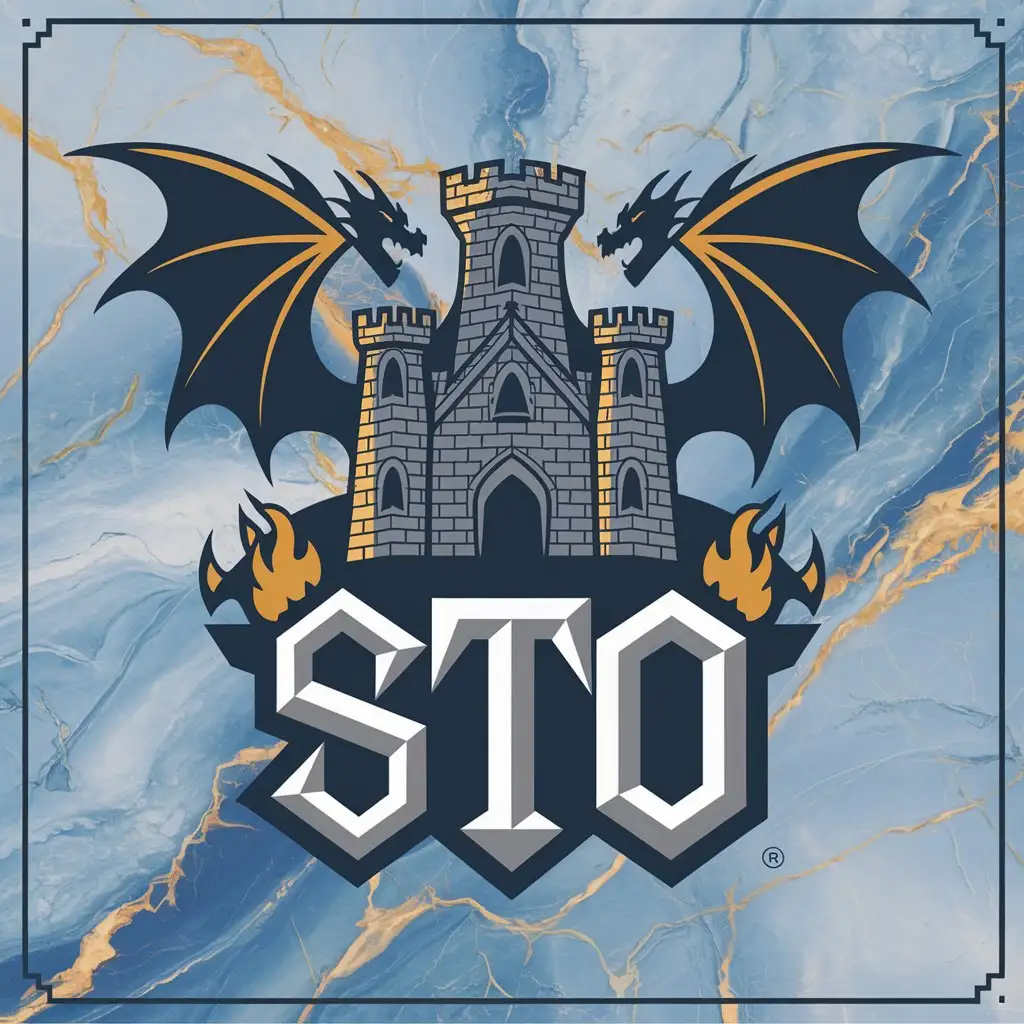 LOGO Design for STO Gothic Medieval Castle Dragons Writing on Marble with Blue Yellow and Fire Elements