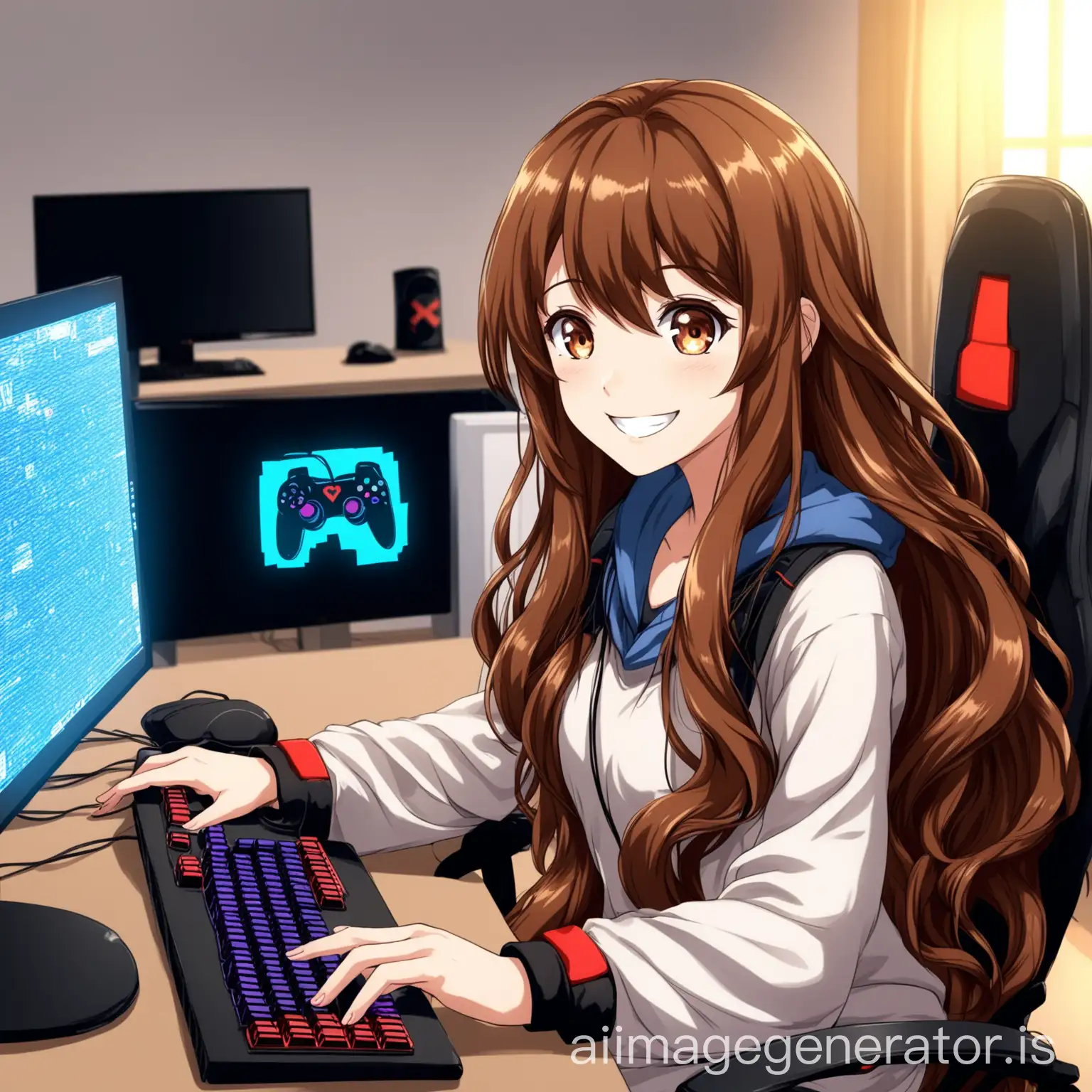 anime gamer woman with brown wavy long hair, smiling, using the computer and a gamer scenario