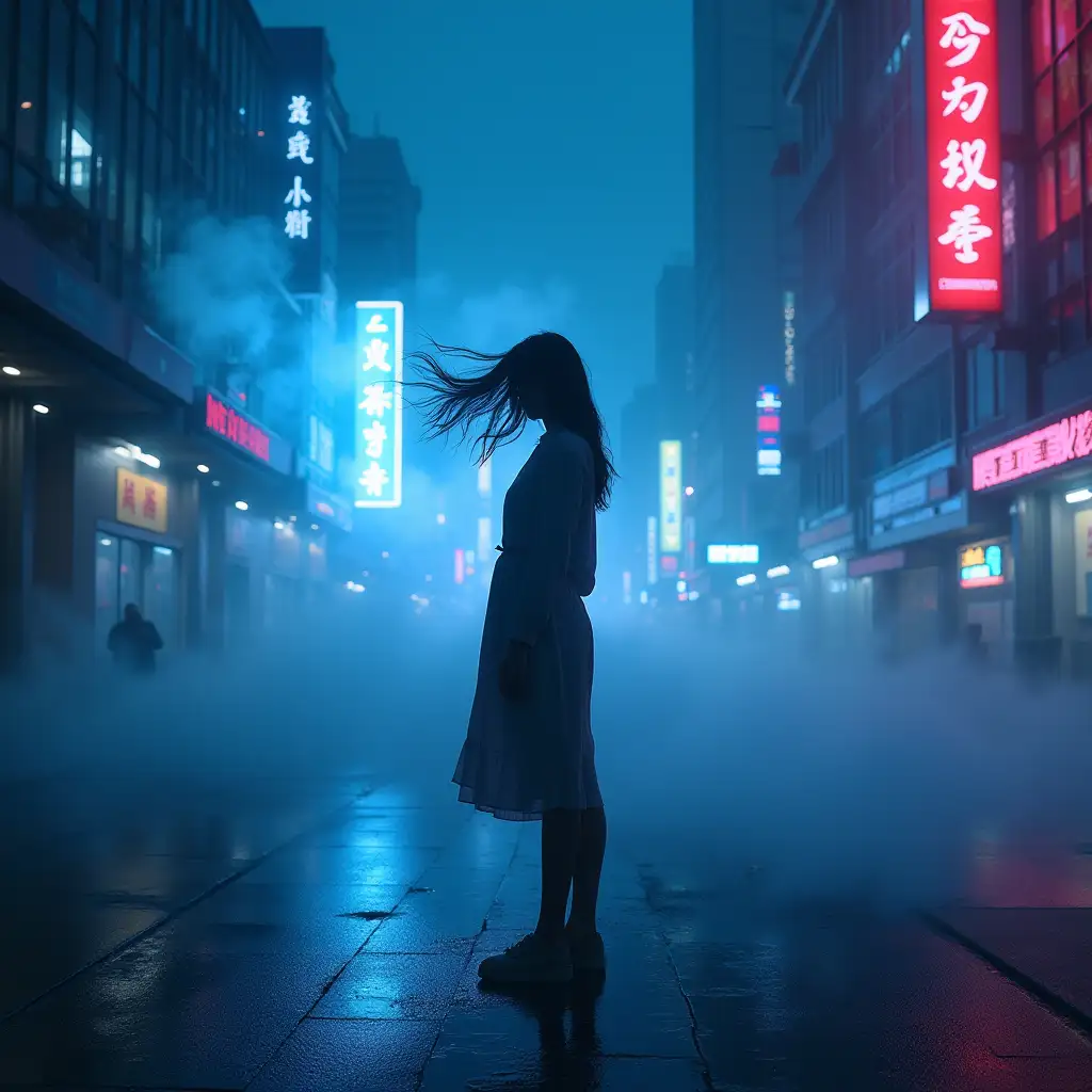 Woman-Standing-Alone-at-the-Edge-of-a-Futuristic-City-at-Night-with-Neon-Lights-and-Glowing-Mist