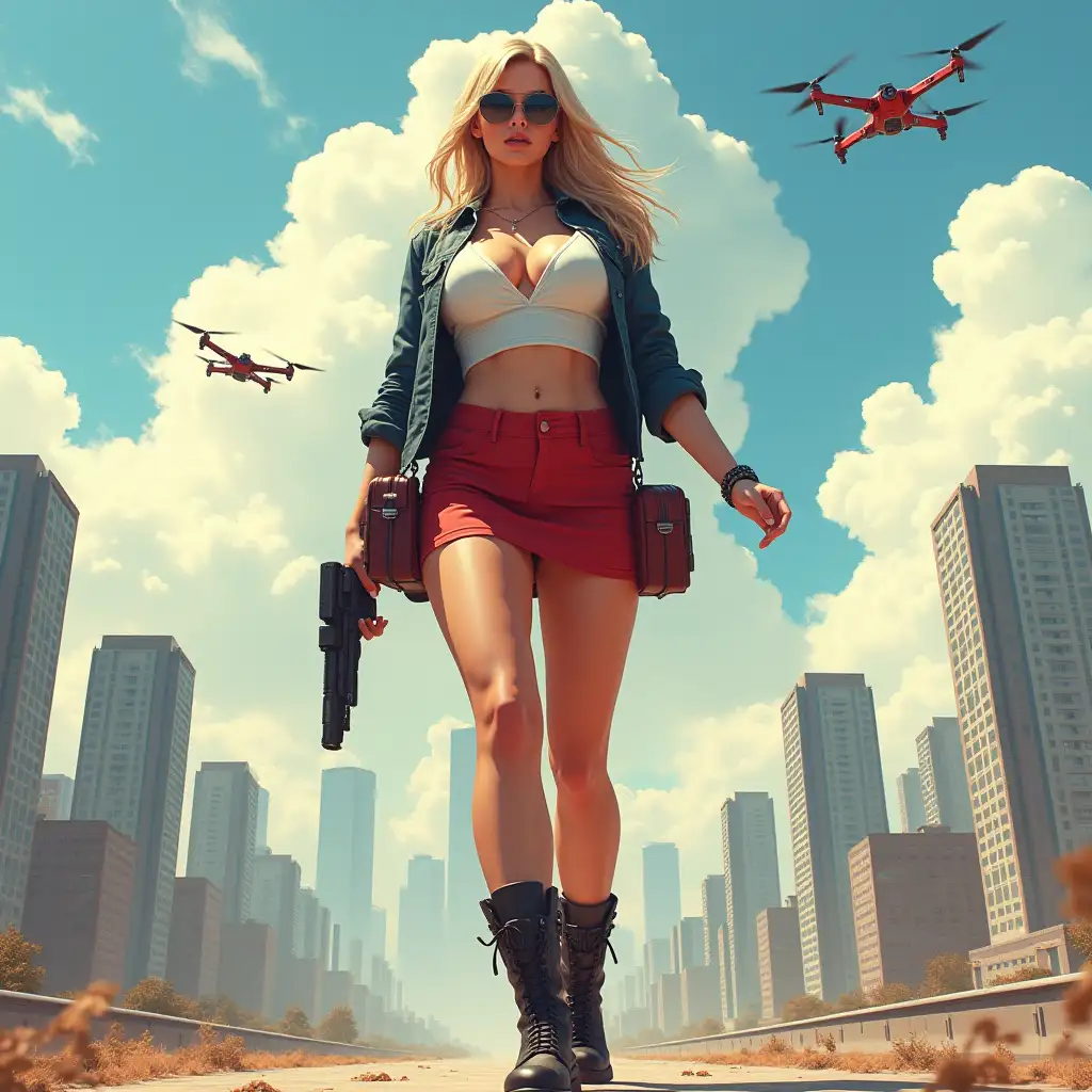 Wide-angle digital painting, (Beautiful large breast woman in stylish school uniform, combat boots, very extreme midriff showing, short skirt, and sunglasses : 1.3), Triangular composition, Dynamic full-length pose, Confident expression, (Armed mercenary: 1.3), Gun grip, Supporting pose, City background, Skyscrapers in the distance, nuclear explosion in extreme distance, two small targeting drones above, (Bright sunlight: 1.2), Sharp contrasts, Bold colors, Clear details. female mercenary in cool cyberpunk style in colorful fantasy style, realism, post-apocalyptic landscape, cartel, bald rod, oil painting, rod Nostalgia, strong emotions, low angle, high detail, sharp focus