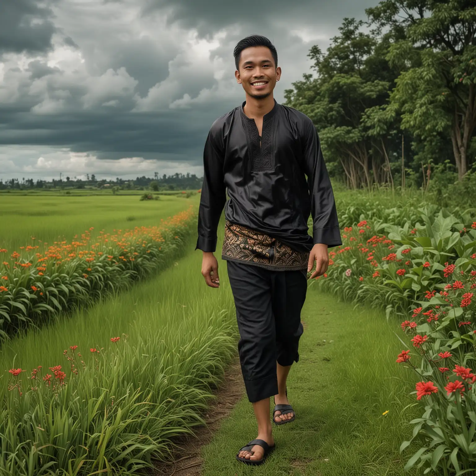 a 30-year-old Indonesian man, slim, with a clean, sharp face, smiling, wearing a black kopiah, wearing traditional Malay clothing: a black satin shirt, a short sarong wrapped around his waist, loose black pants, and brown leather sandals, casually walking on a green lawn, background shows a field, green grass, ek trees, stormy sky with dark clouds, blooming flowers, wind blowing in the photo, realistic, 8k