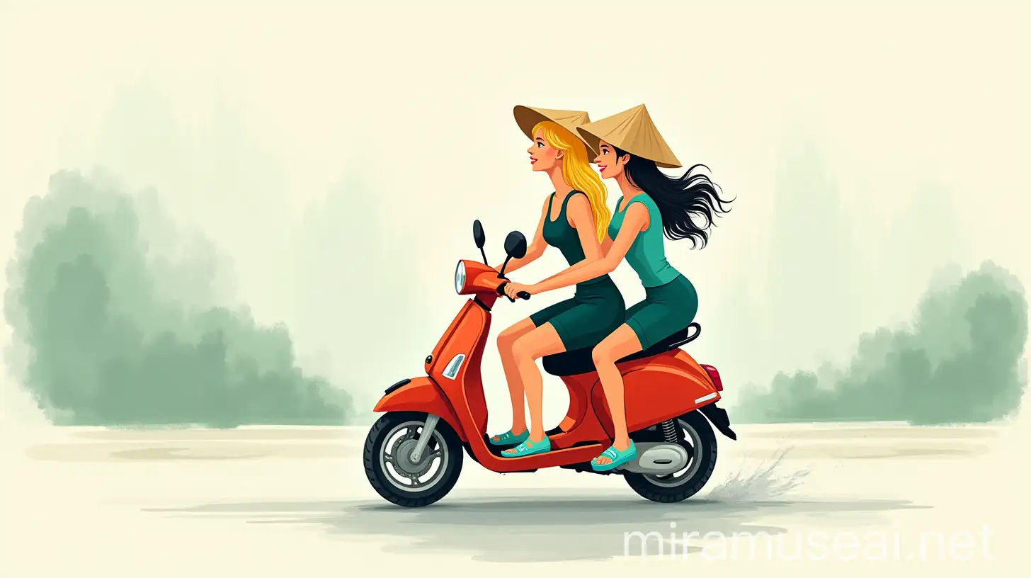 Graphic Style Illustration of Two Women on a Scooter in Vietnam