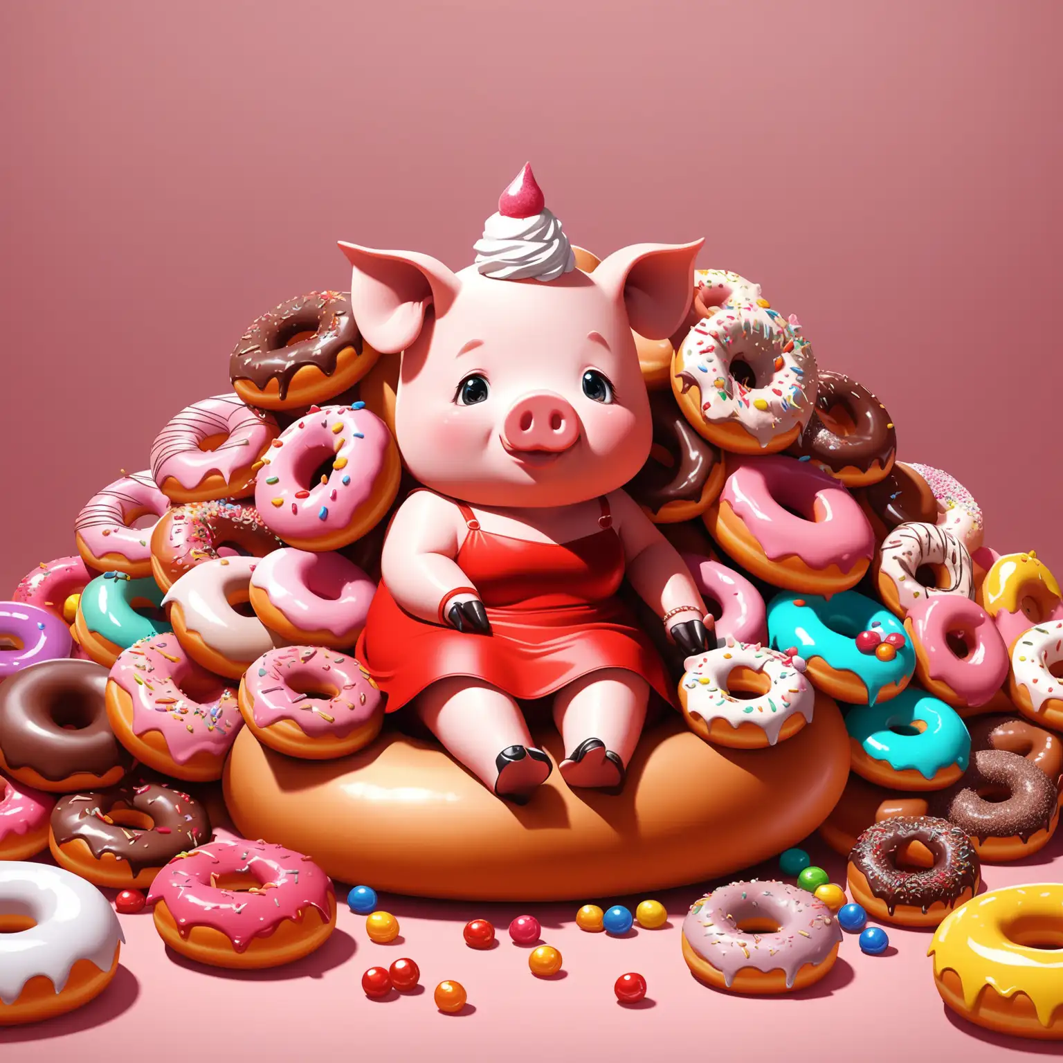 little cute pig sit on donut heap, ice cream on background, red dress on pig, stylish, artstation, many donuts, many candies