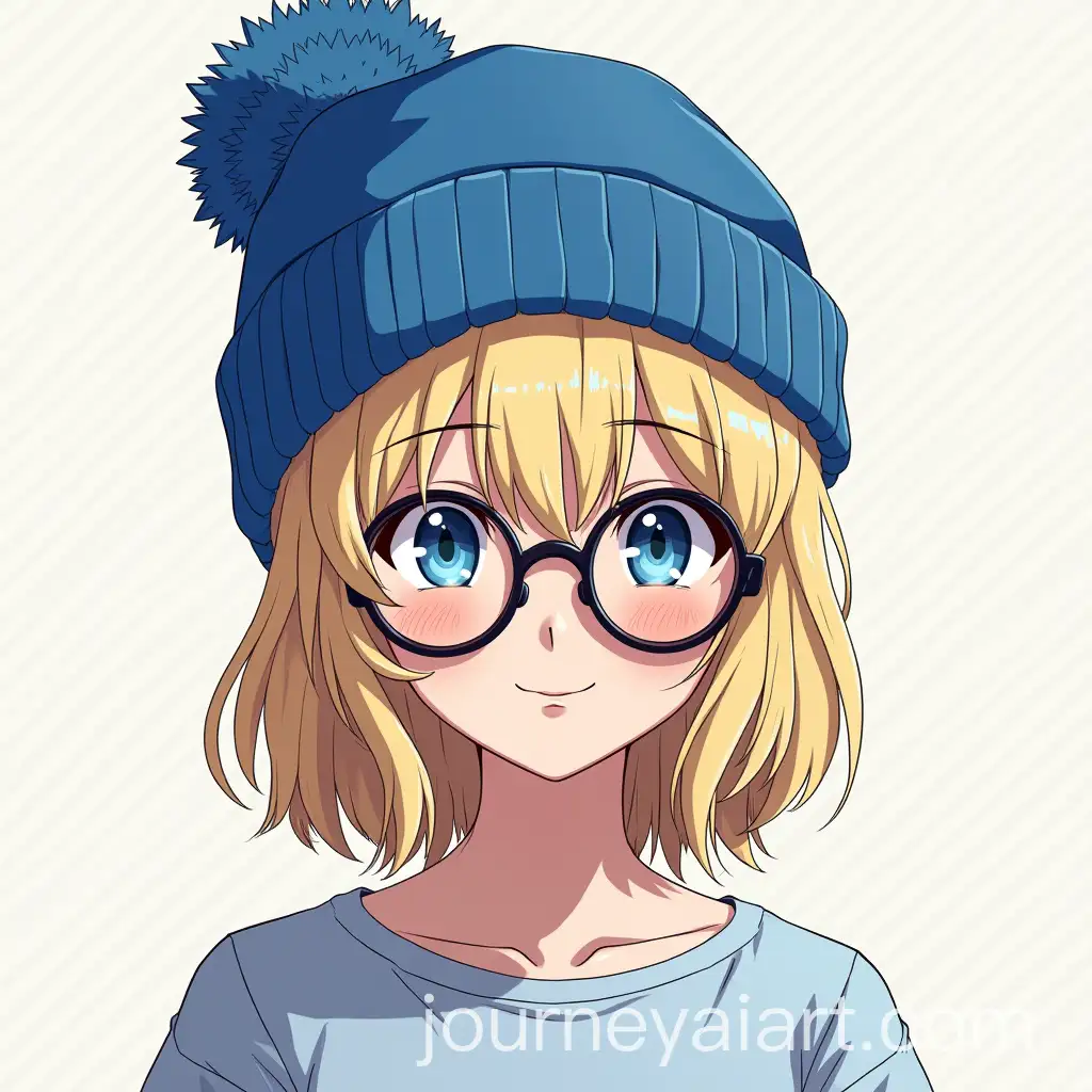 Anime-Style-Portrait-of-Blonde-Girl-with-Glasses-and-Beanie-in-Blue-and-White-Theme