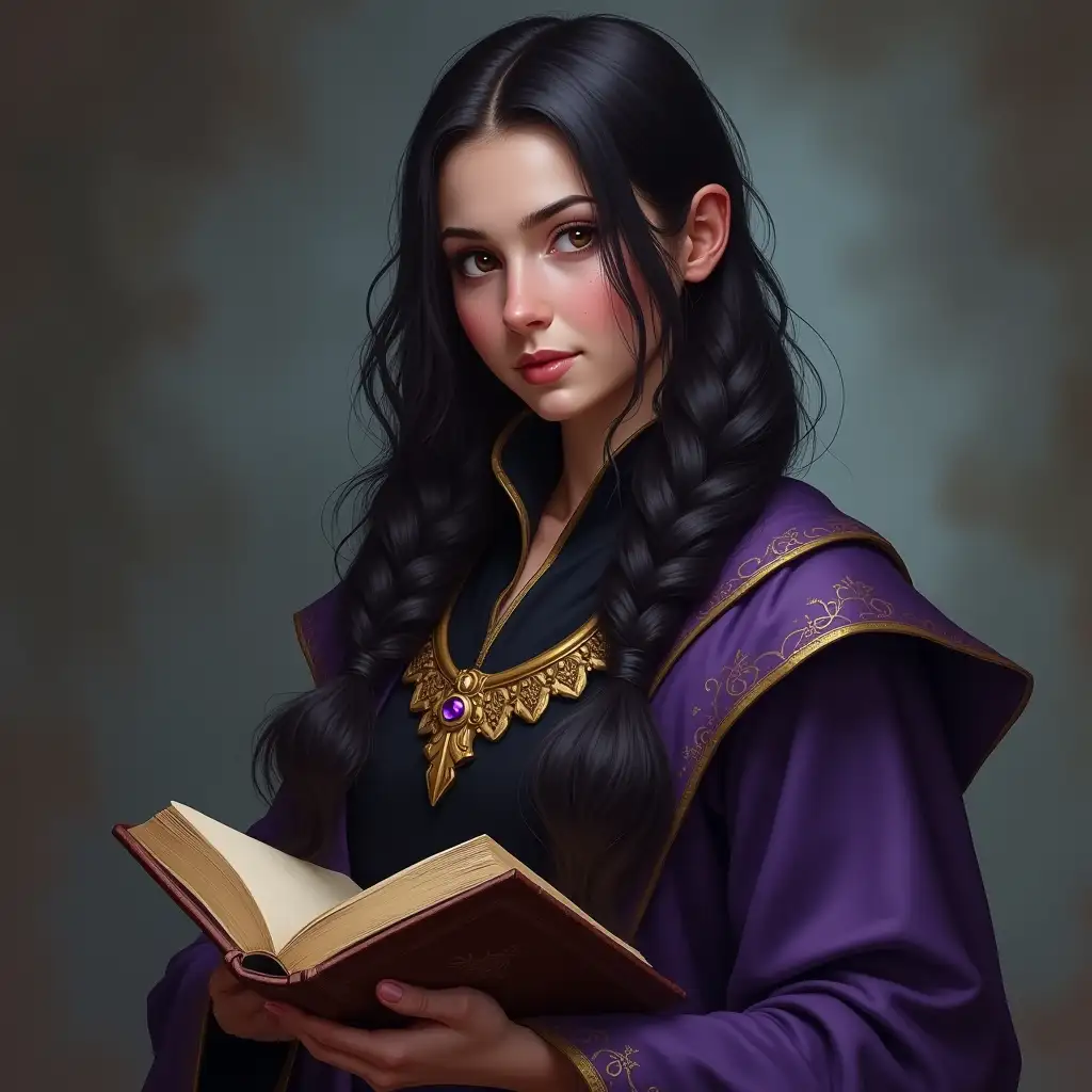 Photo portrait, 75 mm, rendering, long dark hair braided, black and purple costume, D&D character, wizard class, holding a book of spells