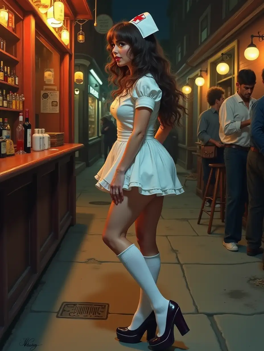 Tipsy-Woman-in-Short-Halloween-Nurse-Costume-Stumbling-on-Bar-Street-at-Night