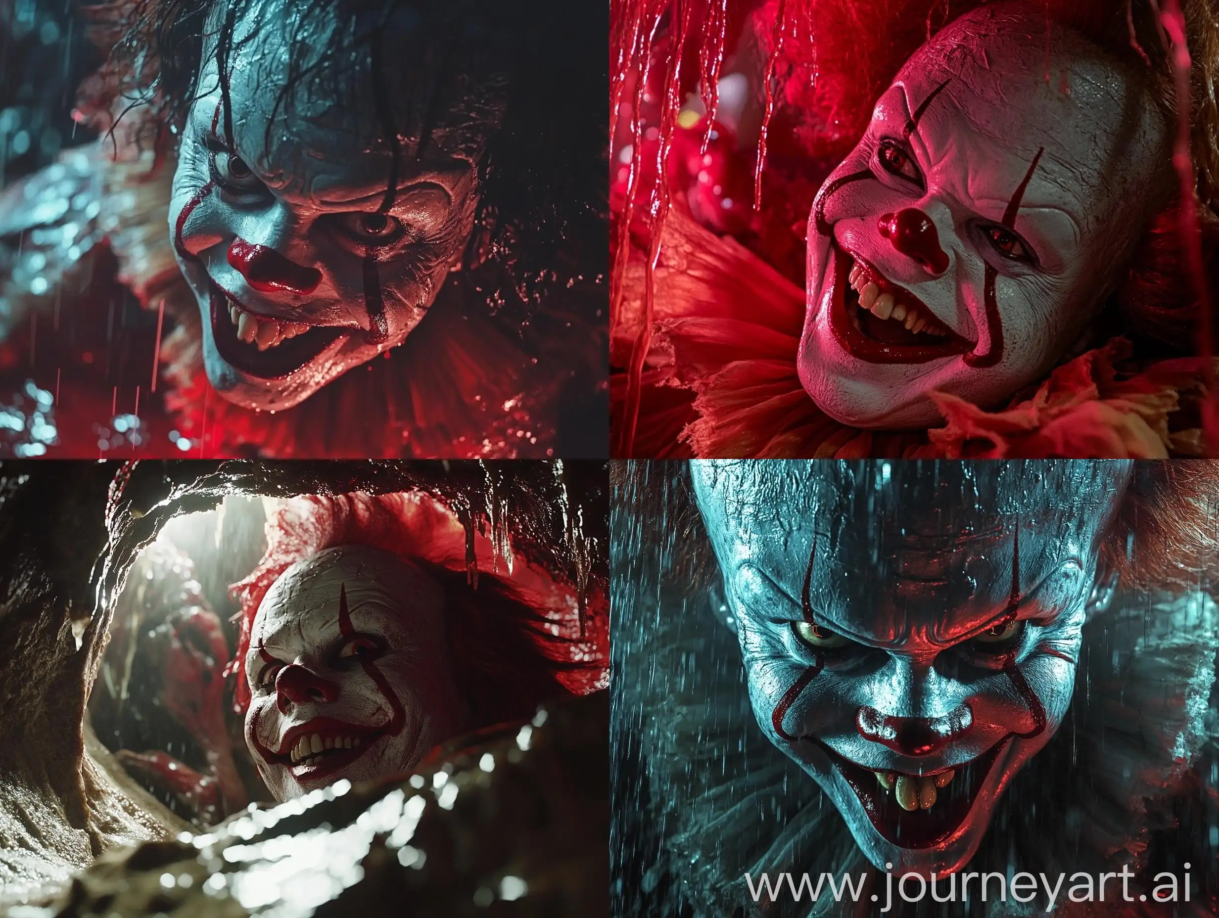 Pennywise-Clown-Smiling-in-Rainy-Cave-with-Creepy-Monsters