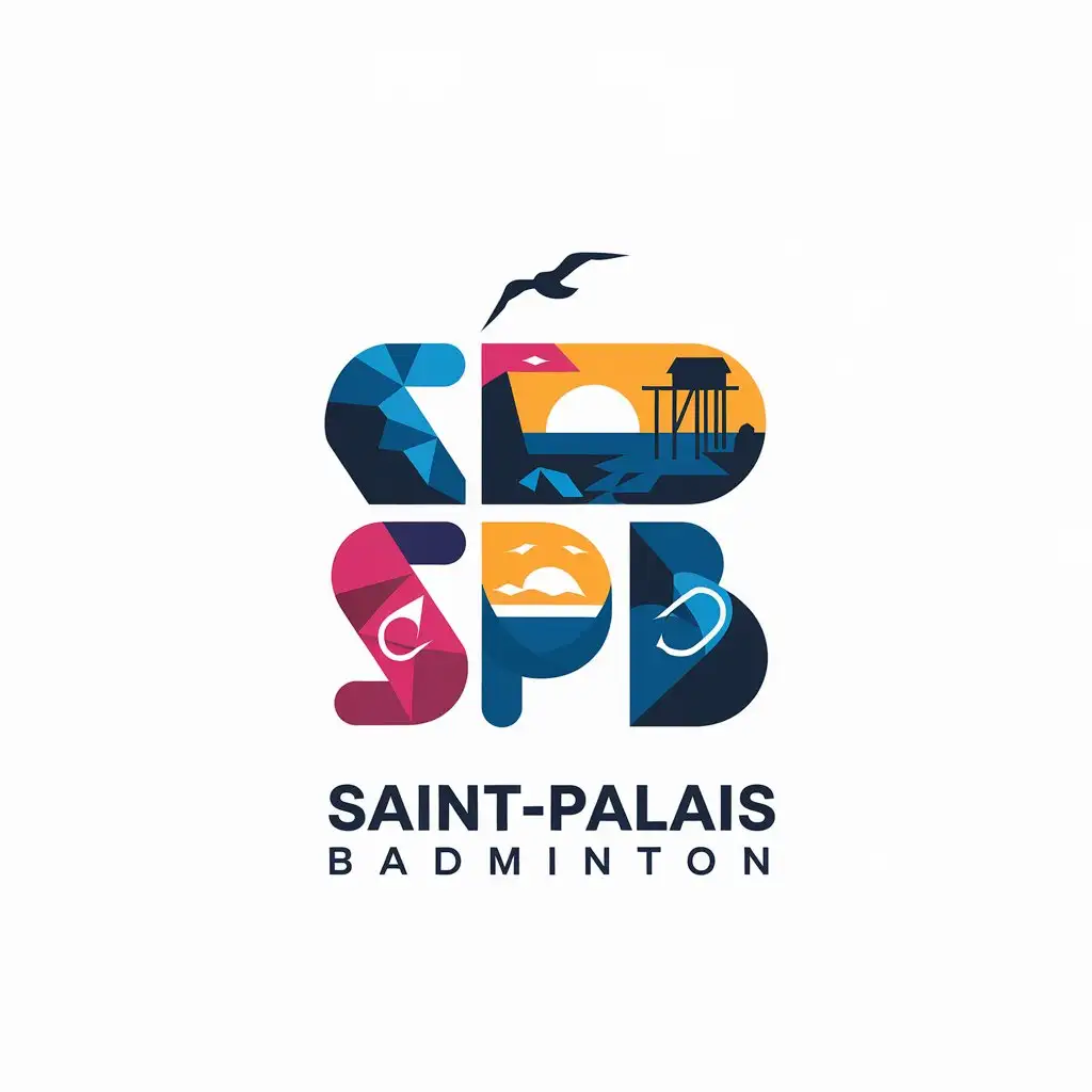 LOGO Design for SaintPalais Badminton Geometric Coastal Rocks Sunset Fishing Hut Seagull and Badminton Racket with Pastel Colors