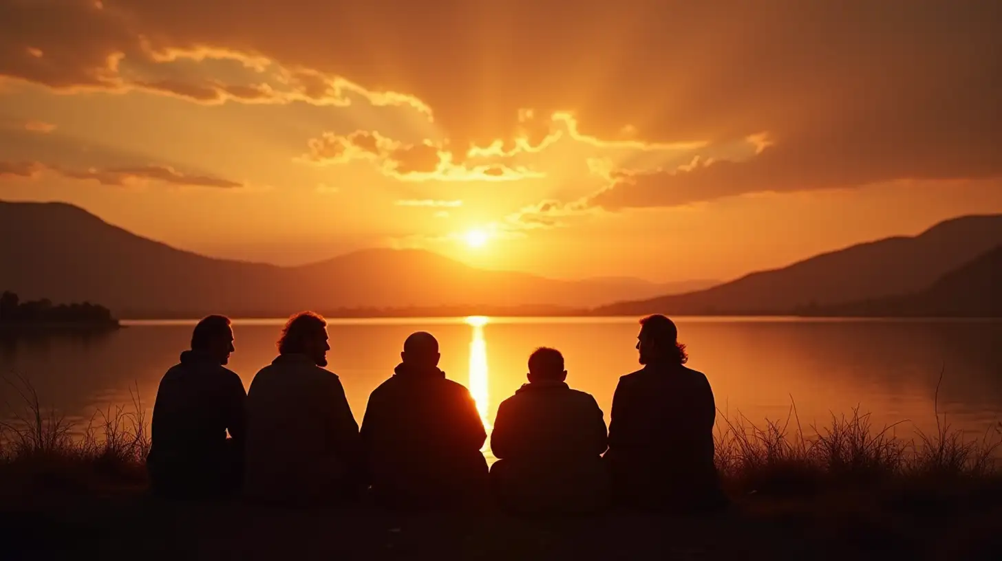 Silhouetted Men by a Lake with Magnificent Sky Biblical Era Scene