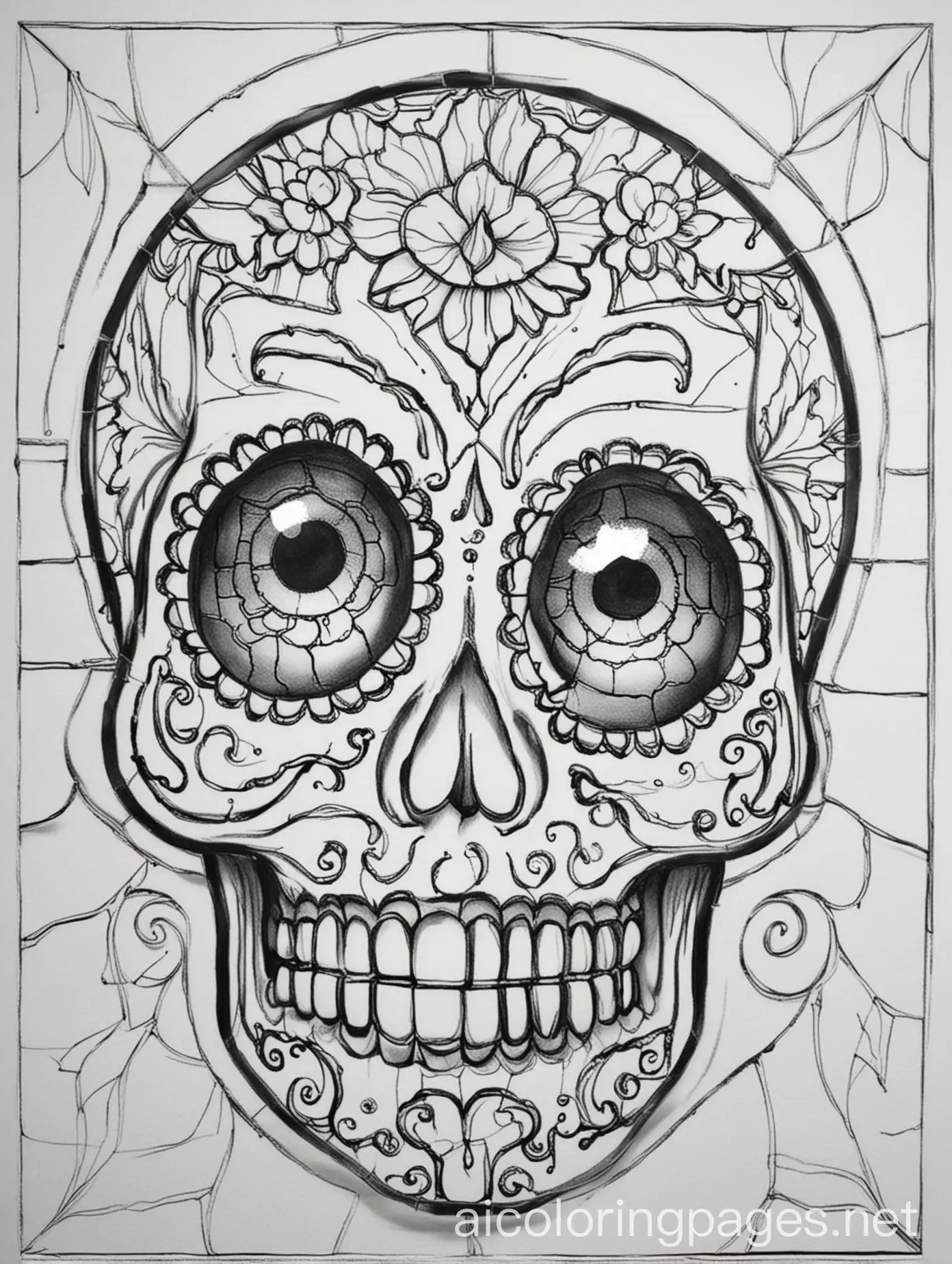 Sugar skull,  ornate, simple stained glass background. Black and white line drawing, white eye sockets, normal shaped mandible and two rows of teeth only, normal number of teeth, one nose only, all facial features accurately positioned and sized, white background, Simple lines, large shapes, easy for child age 4-6 to color , Coloring Page, black and white, line art, white background, Simplicity, Ample White Space. The background of the coloring page is plain white to make it easy for young children to color within the lines. The outlines of all the subjects are easy to distinguish, making it simple for kids to color without too much difficulty