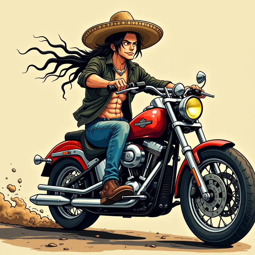 Mexican-Rider-on-Harley-Davidson-Motorcycle-in-Manga-Style-Drawing