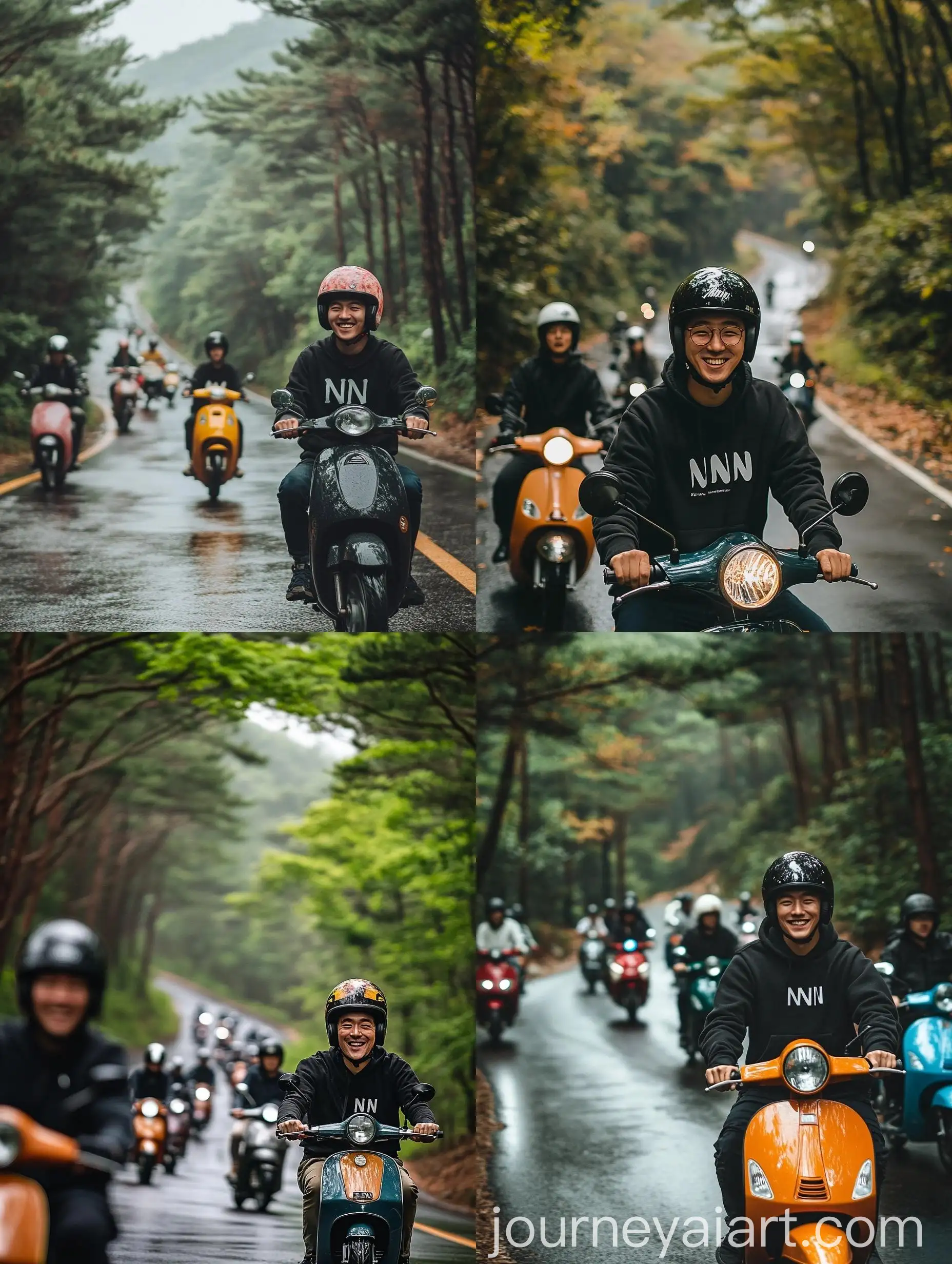 Colorful-Scooter-Riders-Speeding-Through-Lush-Greenery