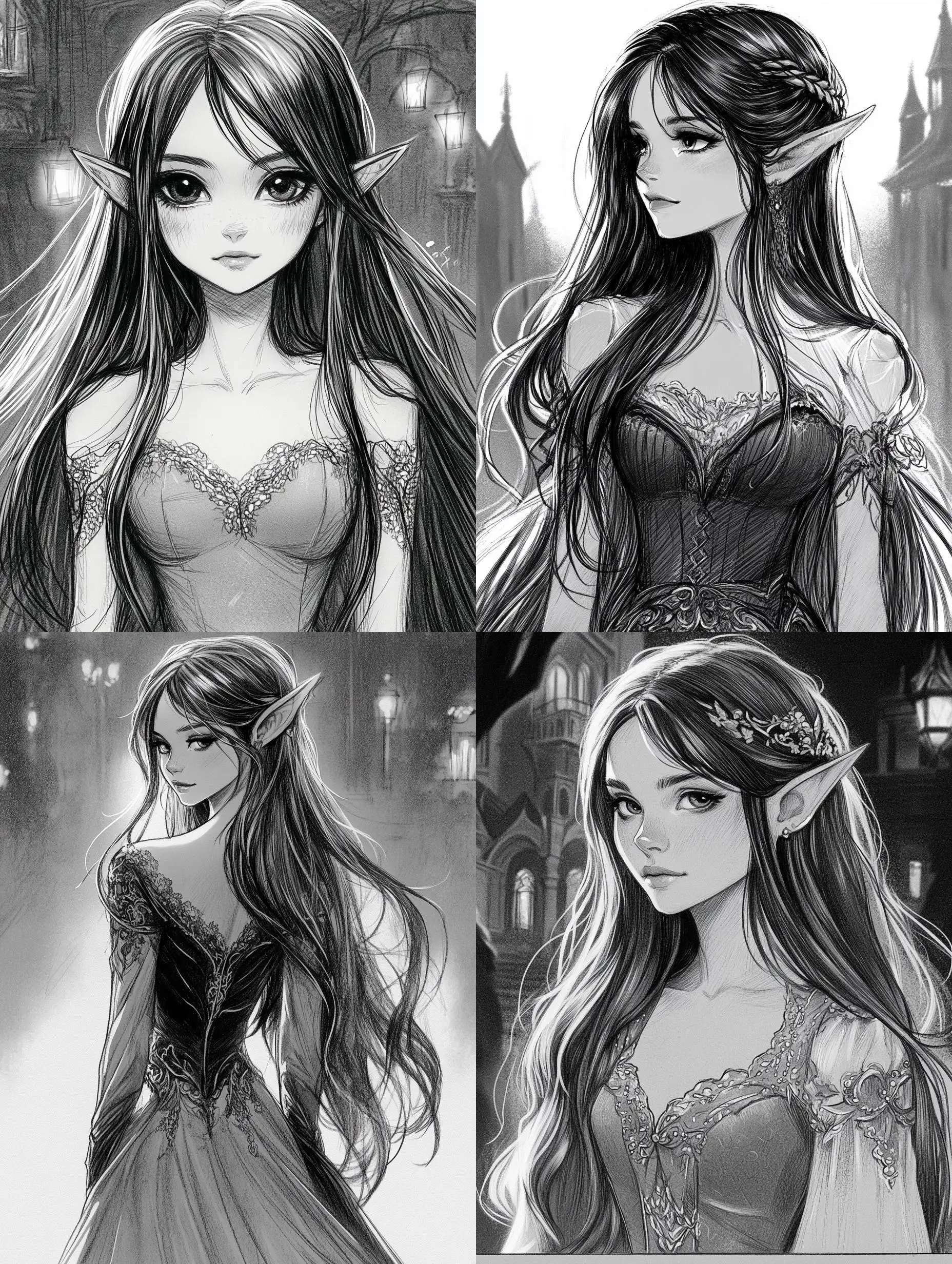 Elf-Girl-in-a-Black-and-Grey-Pencil-Sketch-Wearing-a-Dress